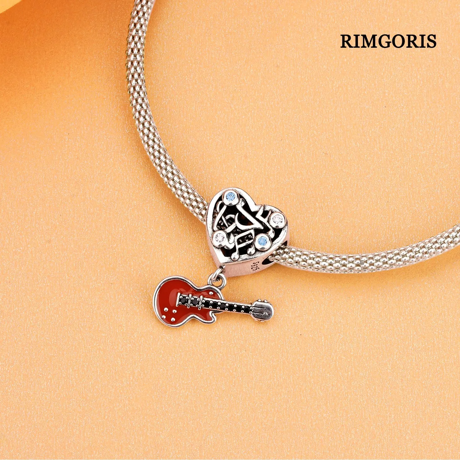 Rimgoris 925 Argento Sterling Charm Cuore Gemma Nota Musicale Chitarra per Bracciali e Collane da Donna - immagine 4