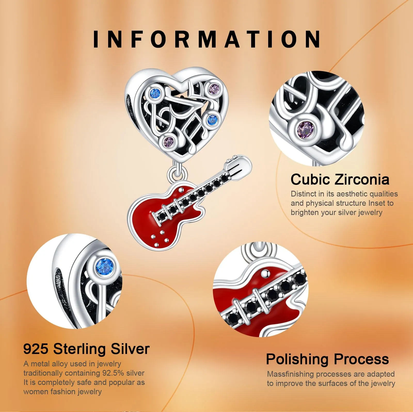 Rimgoris 925 Argento Sterling Charm Cuore Gemma Nota Musicale Chitarra per Bracciali e Collane da Donna - immagine 6