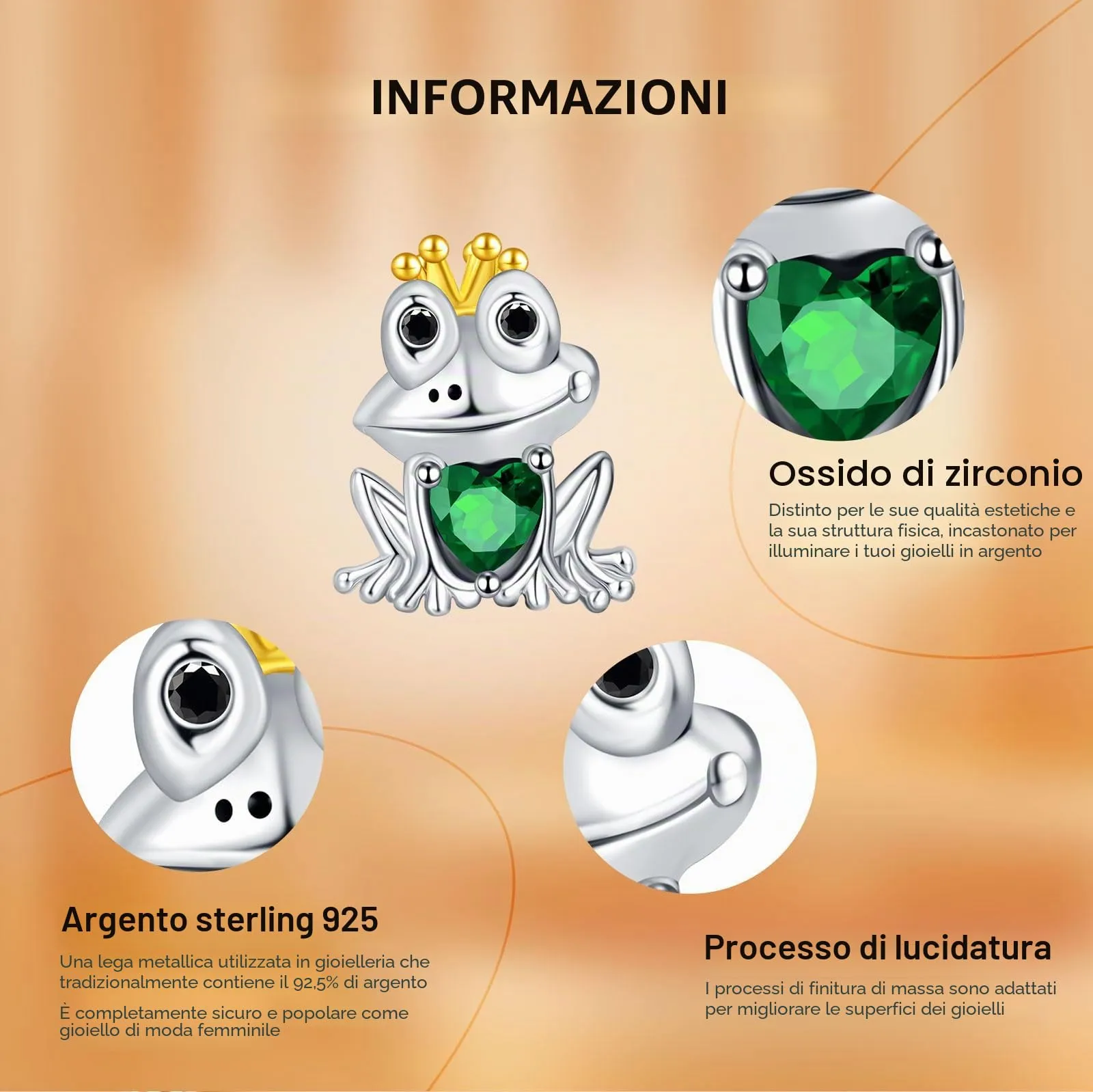 Rimgoris Charm in Argento Sterling 925 Rana Principessa Corona per Bracciali e Collane - immagine 6