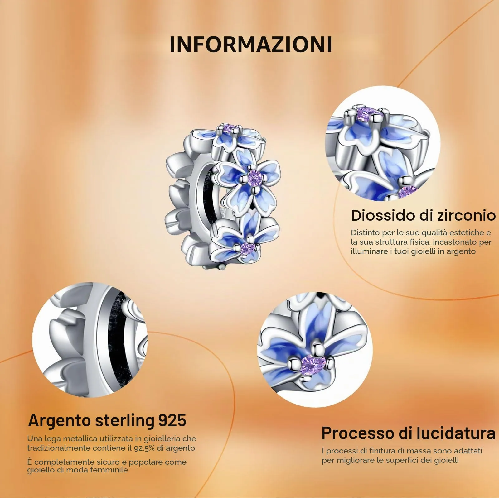 Rimgoris Breloque en argent 925 Fleur de Pensée Bleue pour bracelets et colliers - immagine 6