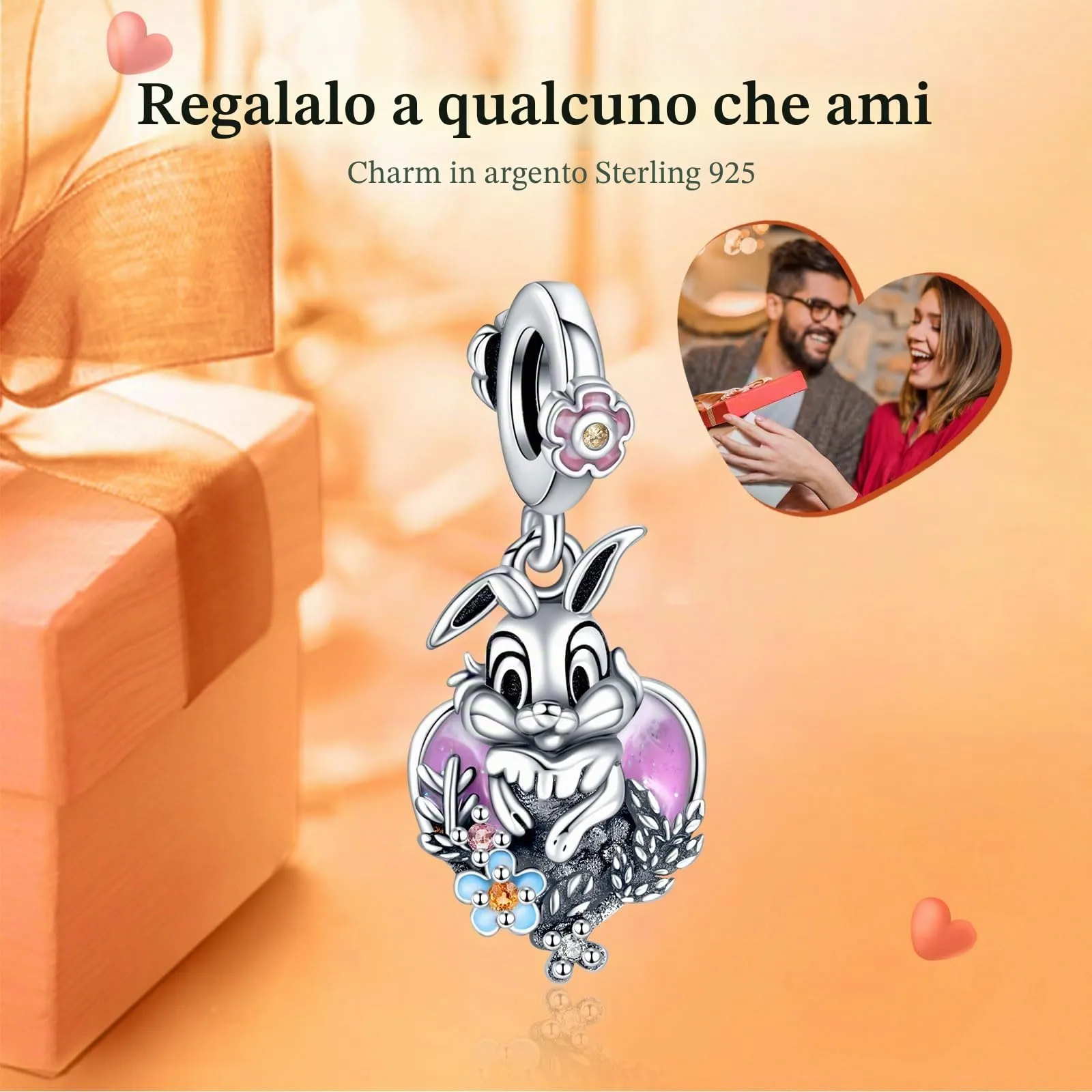 Rimgoris 925 Sterling Silver Rabbit Heart Flower Charm for Women's Bracelets and Necklaces - immagine 2