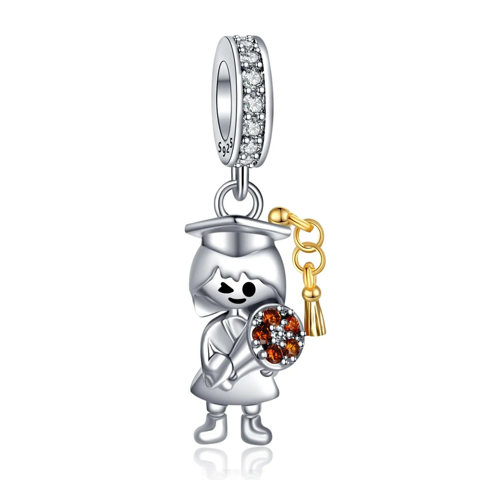 Rimgoris Charm in Argento Sterling 925 Cappello di Laurea e Fiori per Bracciali e Collane Donna - immagine 1
