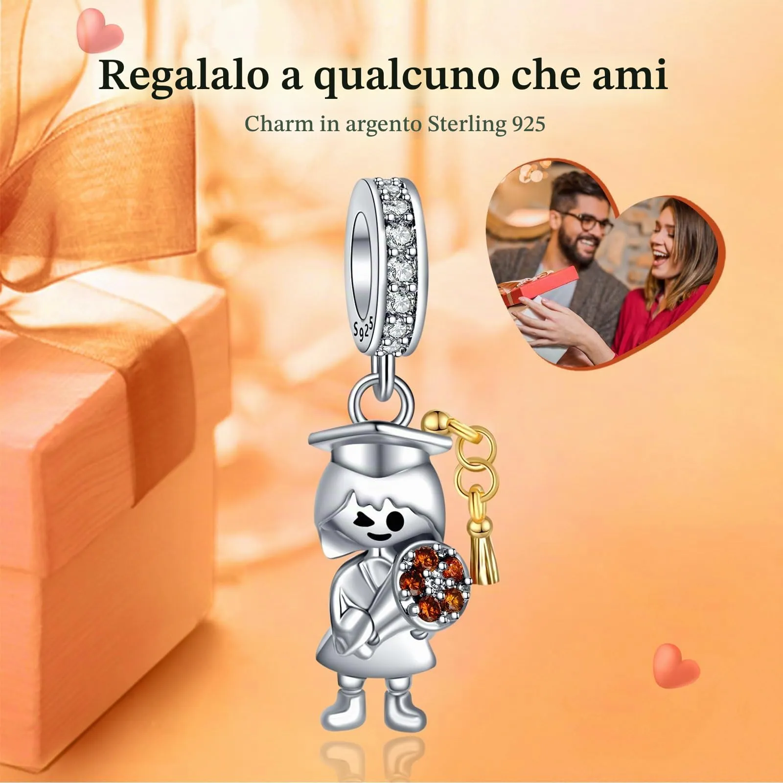Rimgoris Charm in Argento Sterling 925 Cappello di Laurea e Fiori per Bracciali e Collane Donna - immagine 2