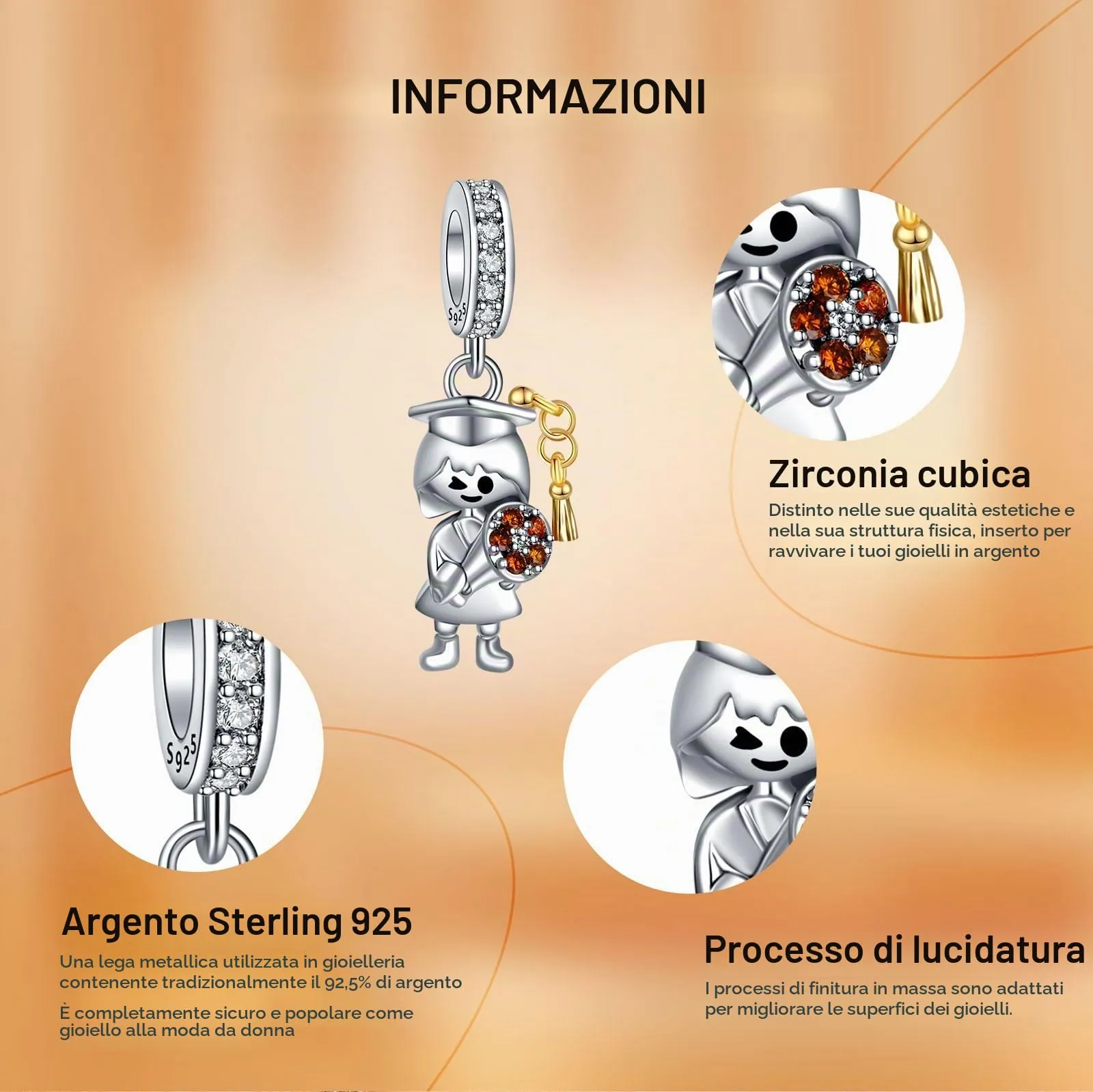 Rimgoris Charm in Argento Sterling 925 Cappello di Laurea e Fiori per Bracciali e Collane Donna - immagine 6