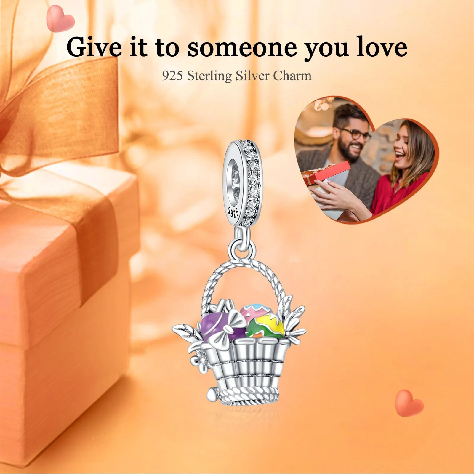 Rimgoris Charm in Argento Sterling 925 Cesto di Uova di Pasqua per Bracciali e Collane da Donna - immagine 2
