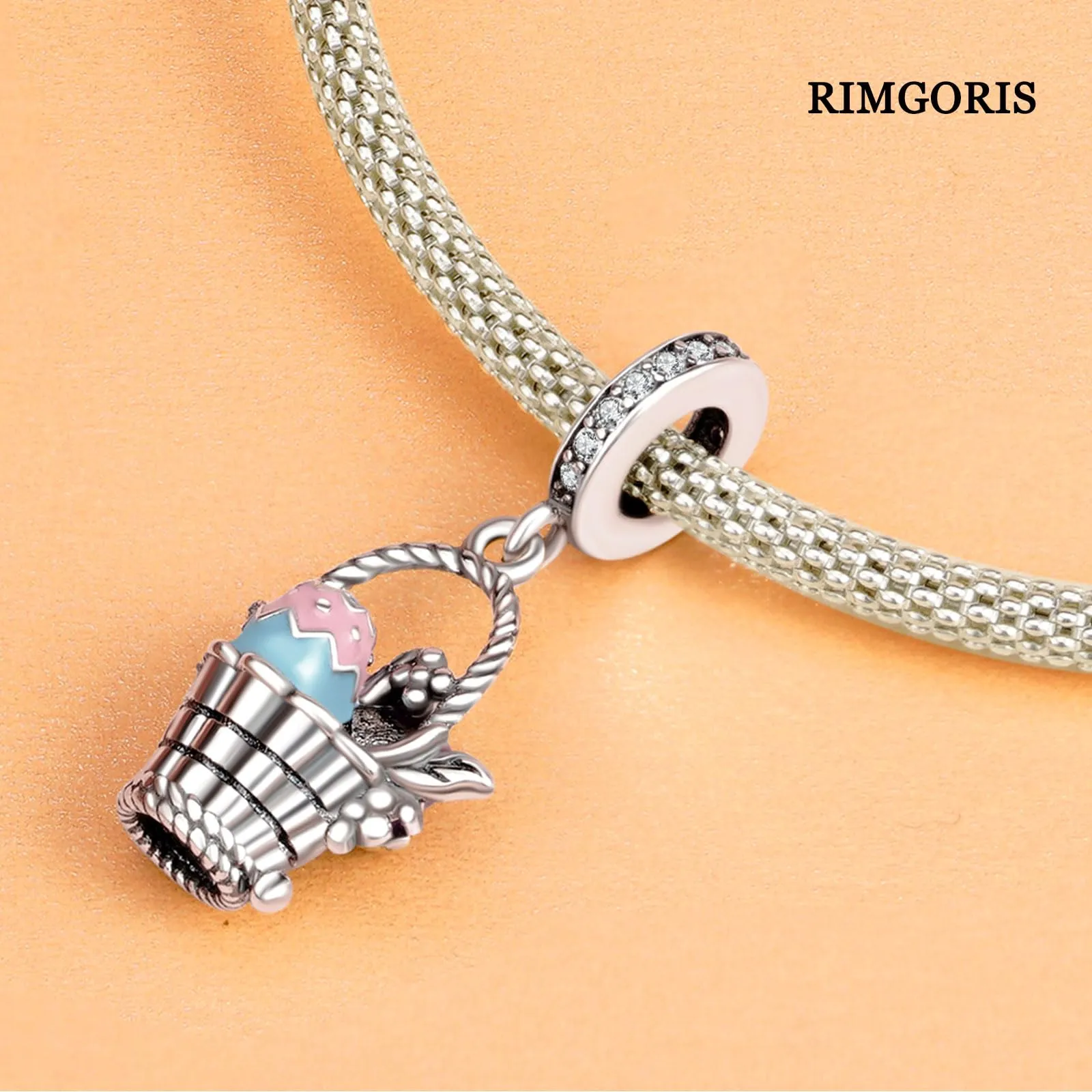 Rimgoris Charm in Argento Sterling 925 Cesto di Uova di Pasqua per Bracciali e Collane da Donna - immagine 3