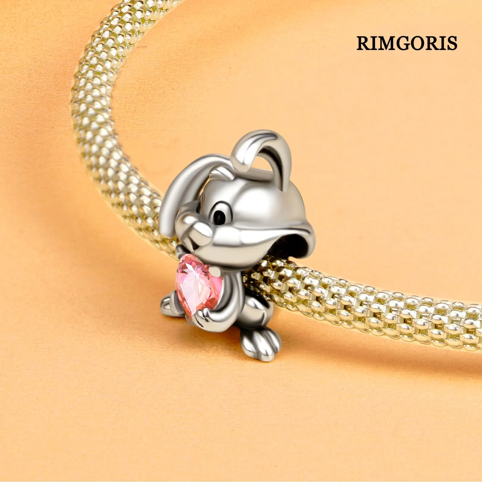 Rimgoris Charm in Argento Sterling 925 con Coniglio e Cuore Rosa per Bracciali e Collane da Donna - immagine 4
