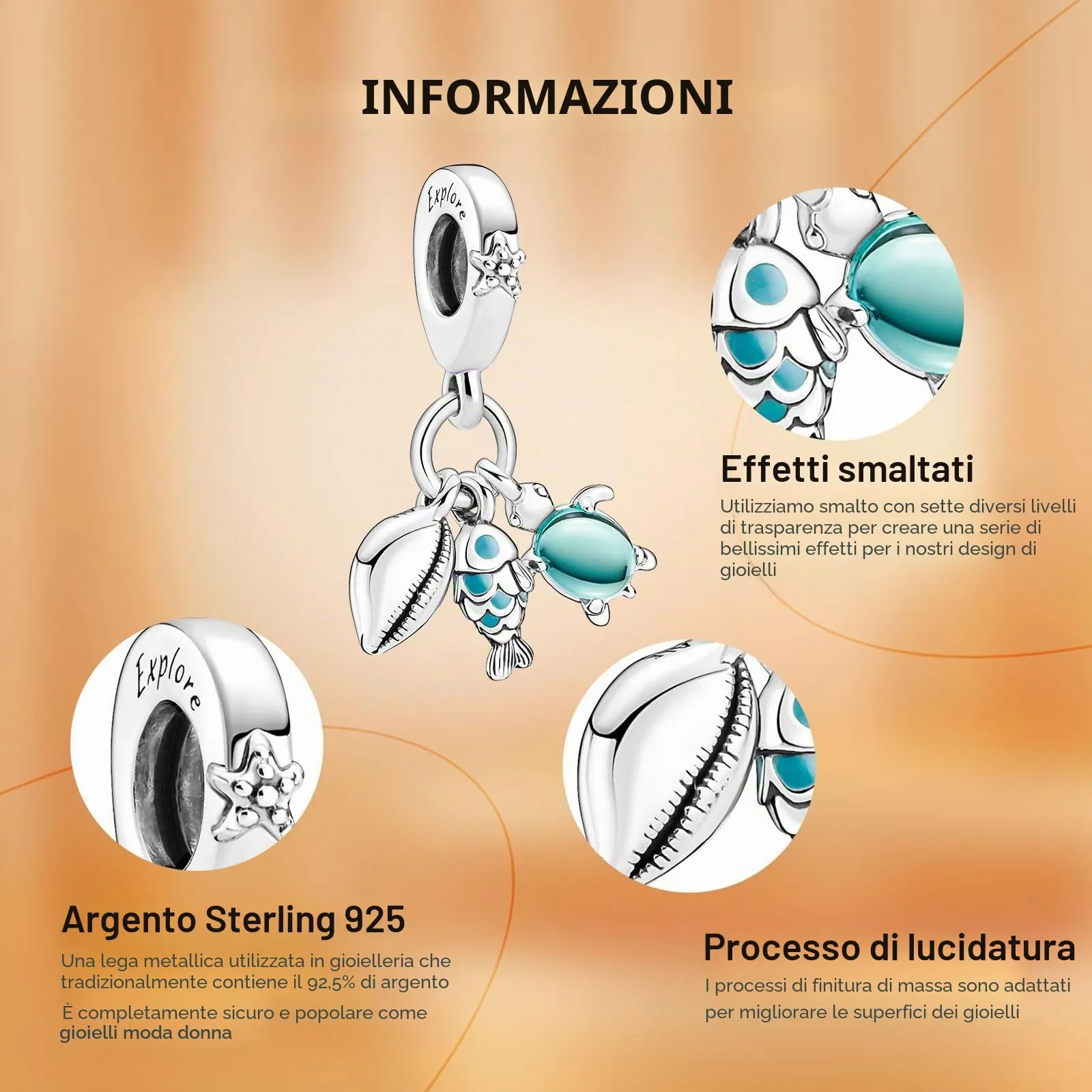 Rimgoris Argento 925 Charm Oceano Tartaruga Conchiglia Pesce Marino per Bracciali e Collana - immagine 5