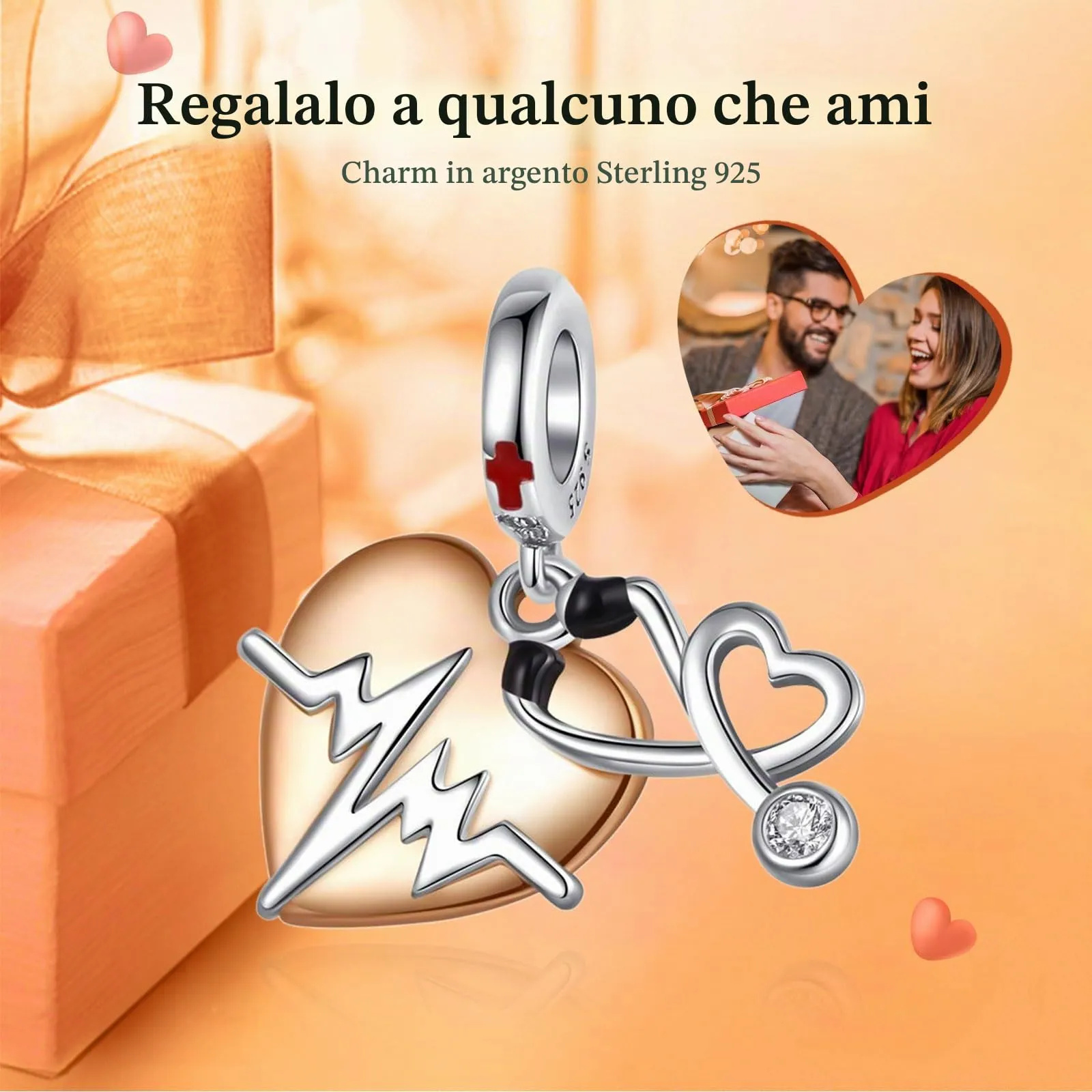 Rimgoris Argento 925 Heartbeat Stethoscope Dangle Charm per Bracciali e Collana - immagine 2