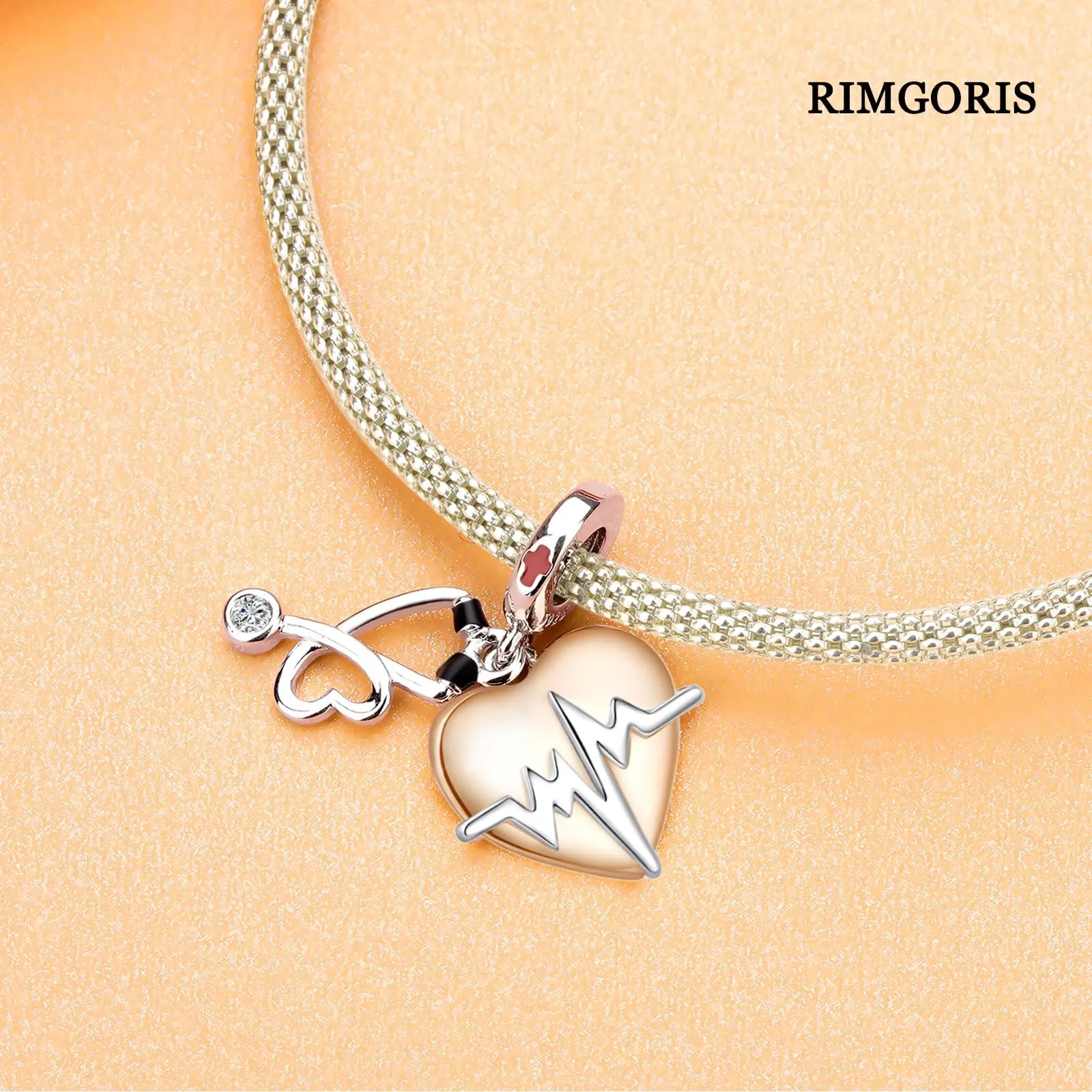 Rimgoris Argento 925 Heartbeat Stethoscope Dangle Charm per Bracciali e Collana - immagine 4