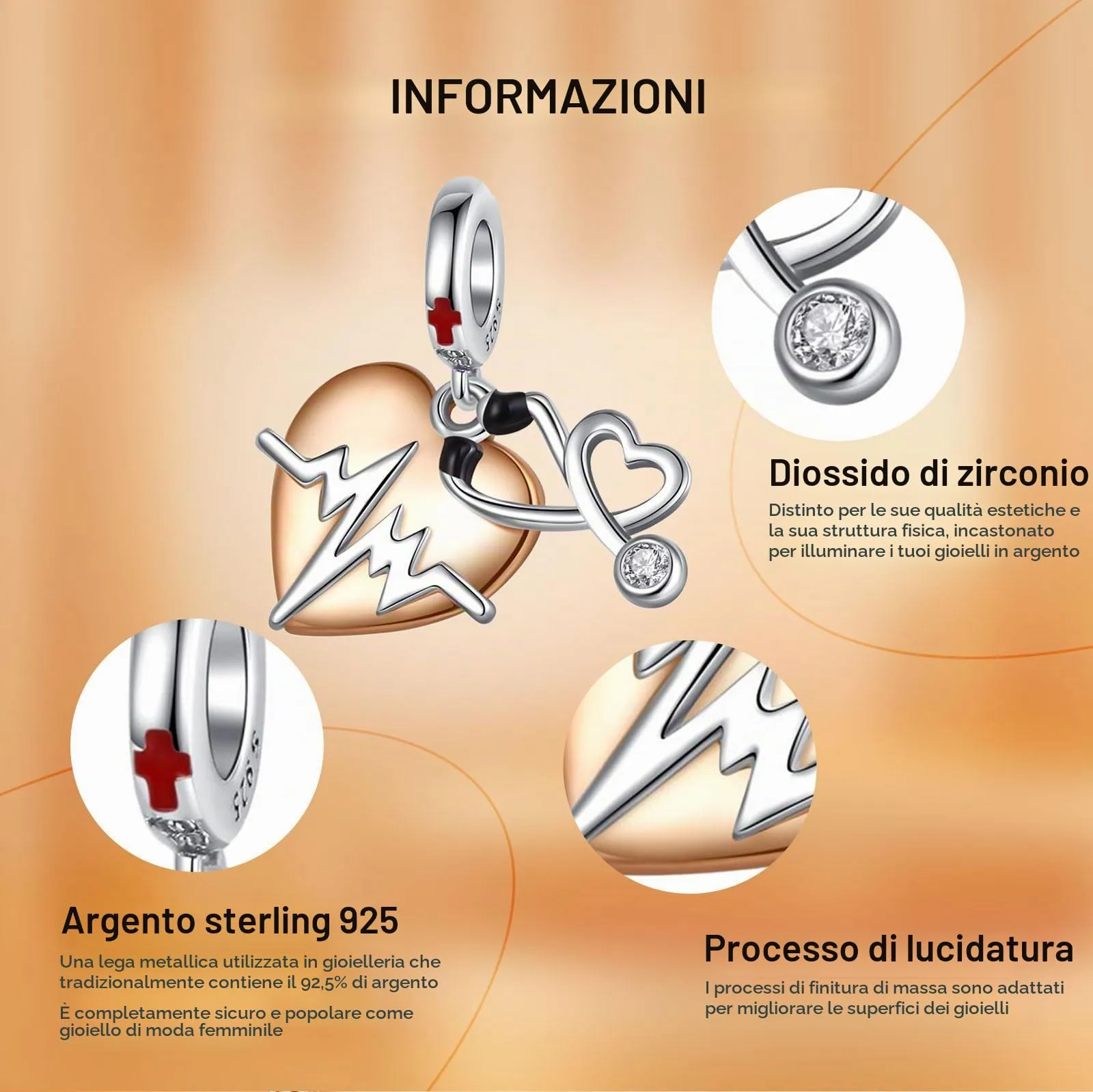 Rimgoris Argento 925 Heartbeat Stethoscope Dangle Charm per Bracciali e Collana - immagine 6
