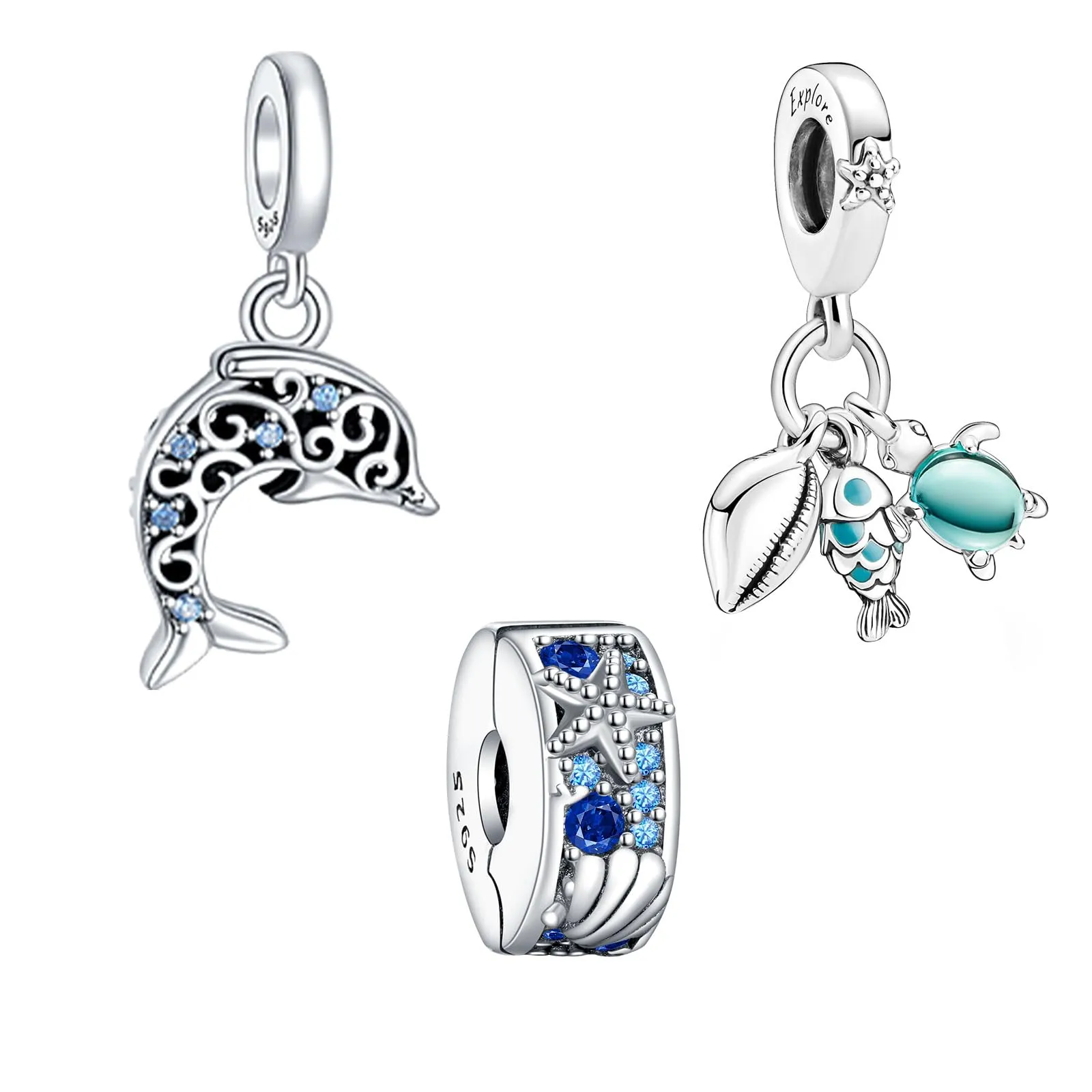 Rimgoris Ciondoli in Argento Sterling 925 Serie Oceano Delfino, Conchiglia, Stella Marina e Tartaruga, Confezione da 3 - immagine 1