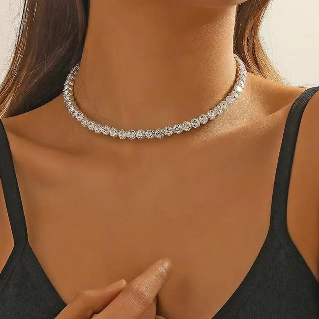 QEXUJOW Collane da donna Girocollo con strass in oro bianco e argento, misura regolabile (set di 3) - immagine 6