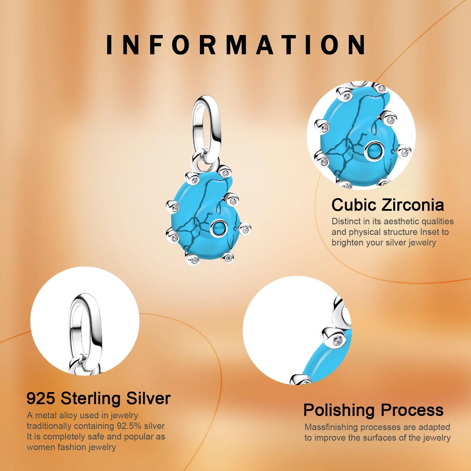 Rimgoris Turquoise Conch Pendant Charms, 925 Sterling Silver with Cubic Zirconia for European Bracelets and Necklaces - immagine 4