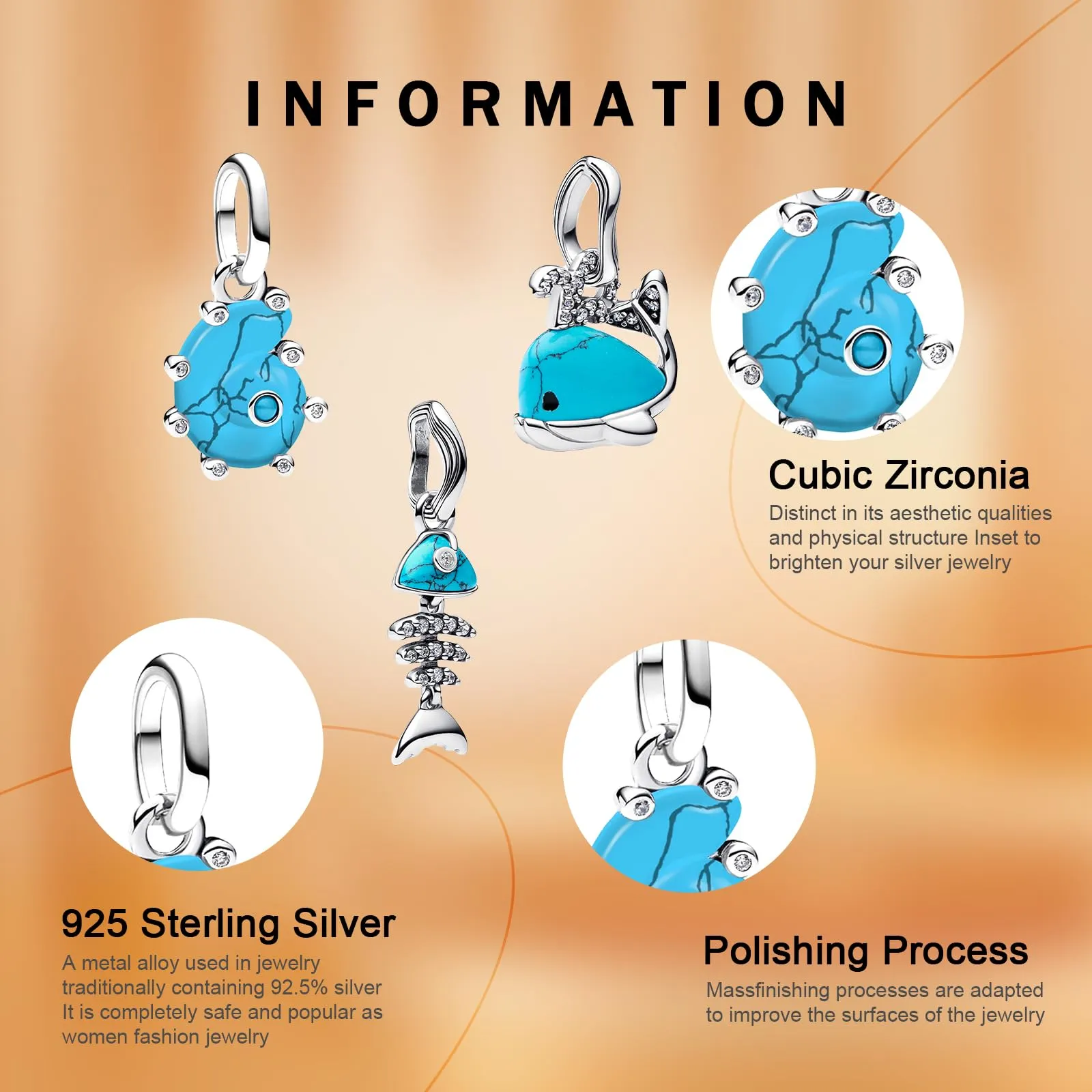 Rimgoris Blue Whale Fishbone Conch Charms, 925 Sterling Silver with Cubic Zirconia for European Bracelets and Necklaces for Women - immagine 4