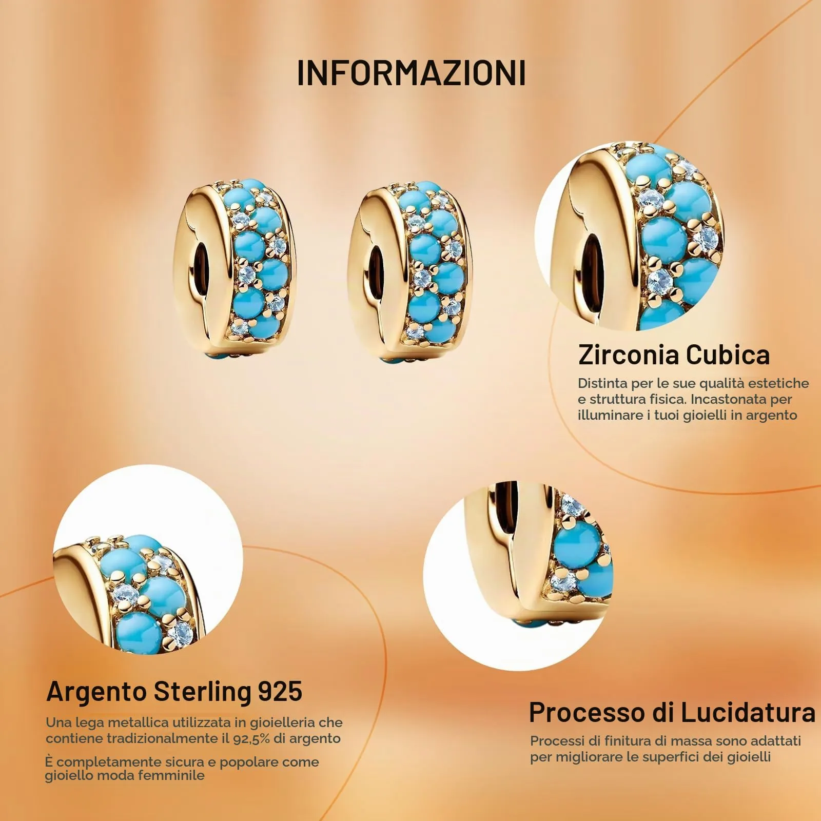 Rimgoris Ciondoli Charm 925 Argento Aqua Blue Clips Bead per Bracciali e Collane da Donna, 2pcs / Set - immagine 4