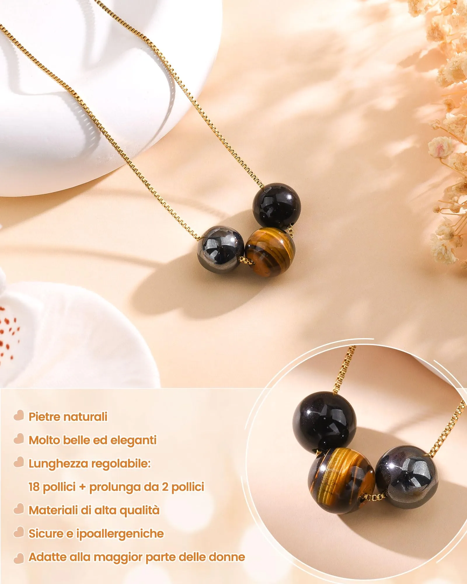 Cheerslife Collana Donna in Pietre Naturali Ematite, Occhio di Tigre e Tormalina Nera - immagine 4