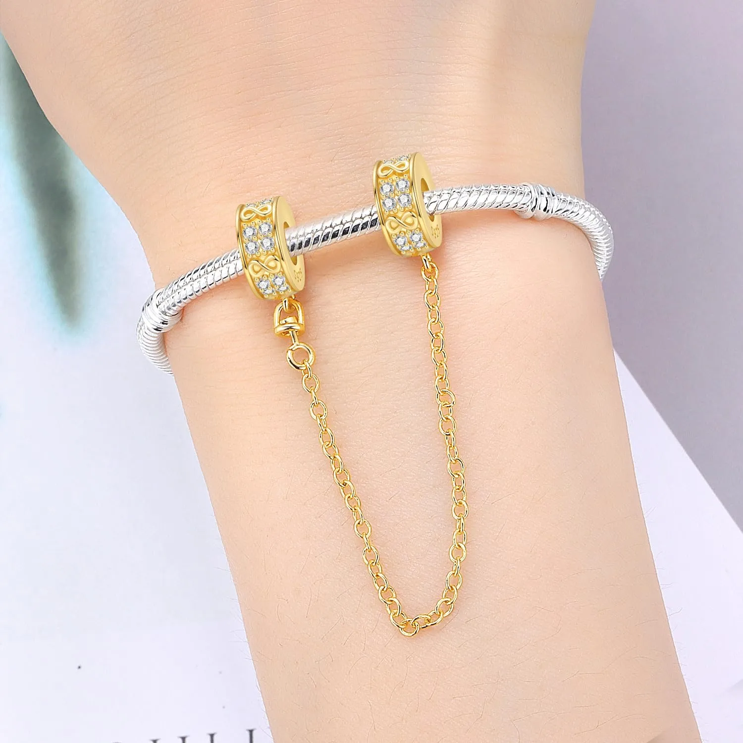 PANPOKI Catenina di Sicurezza in Argento Sterling 925 con Zirconi, Design Infinito per Braccialetti con Charm - immagine 5