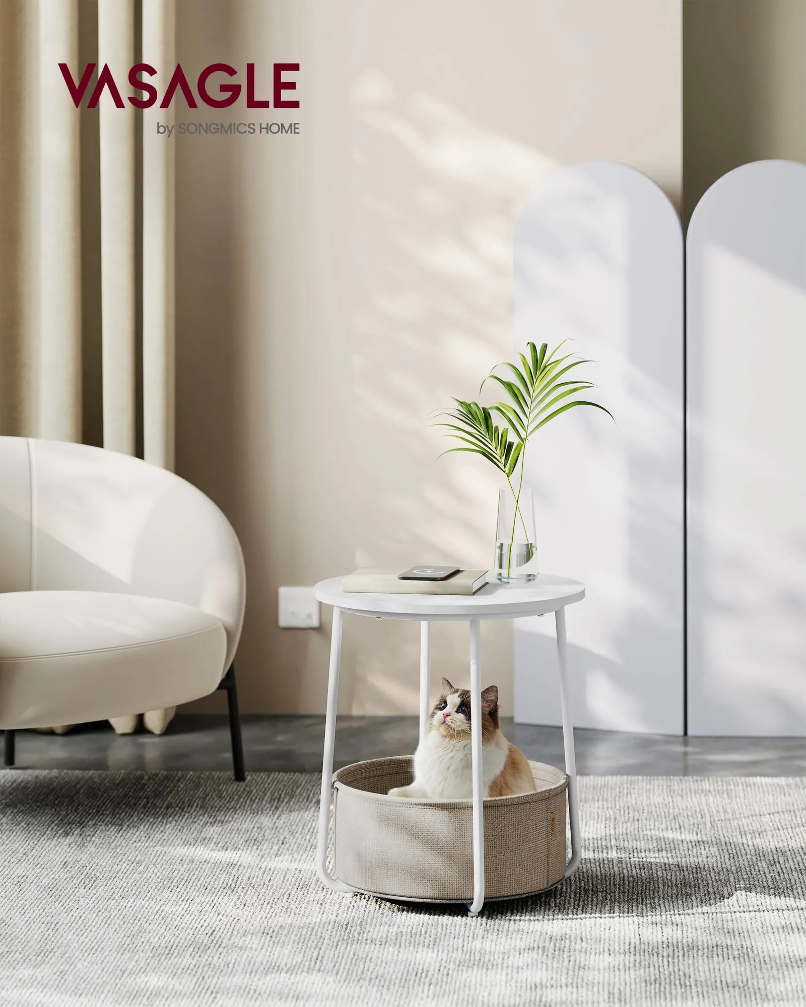 VASAGLE Lilea Tavolino Rotondo con Cestino in Tessuto, Bianco Opaco e Marrone Cammello, LET223W10 - immagine 2