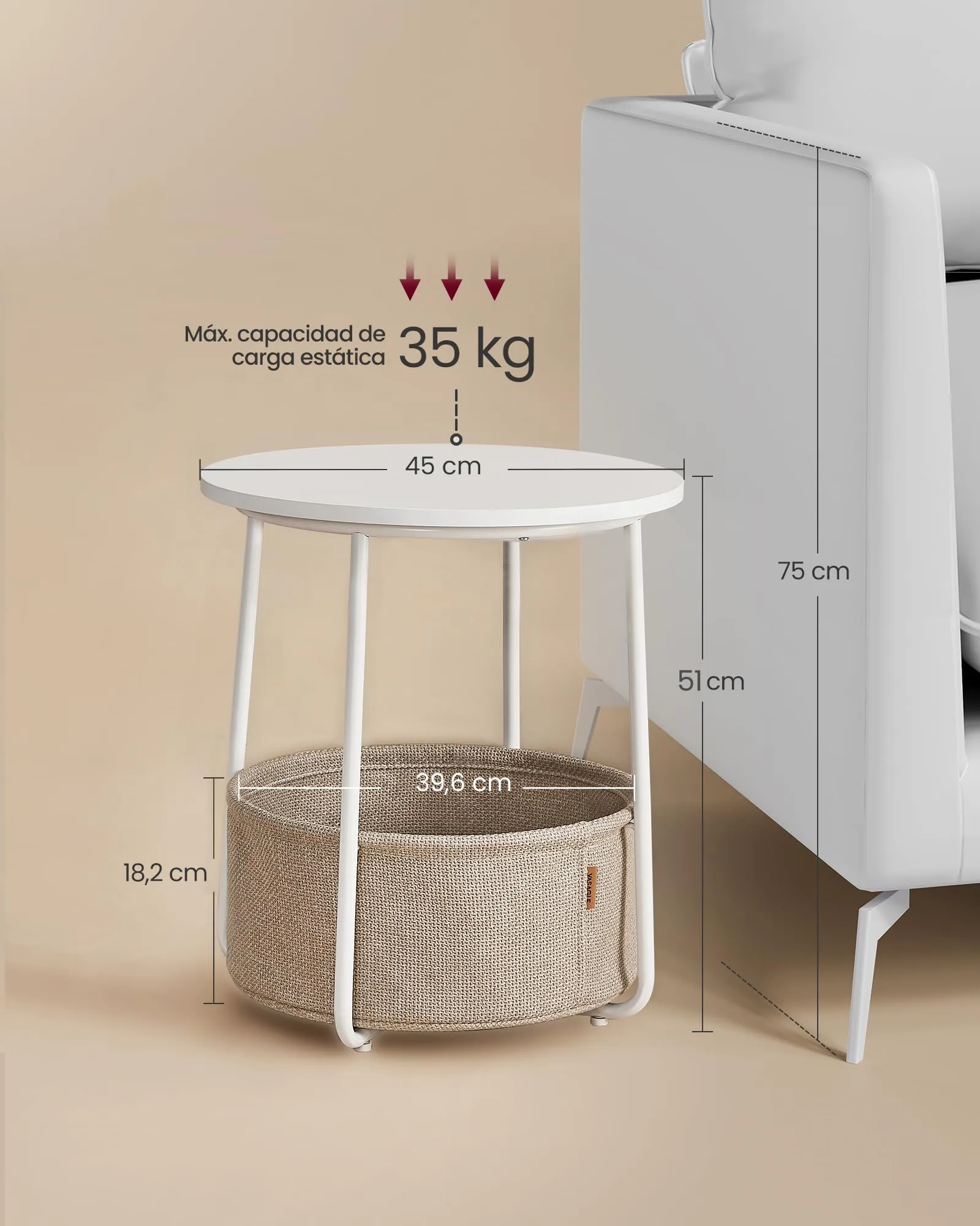 VASAGLE Lilea Tavolino Rotondo con Cestino in Tessuto, Bianco Opaco e Marrone Cammello, LET223W10 - immagine 3