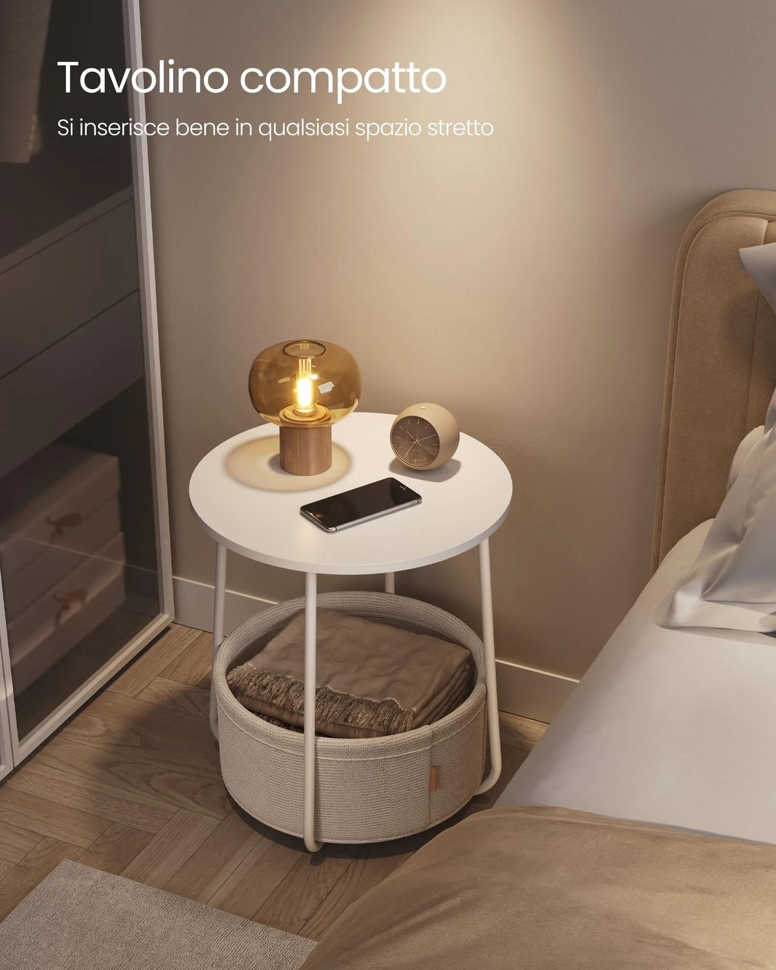 VASAGLE Lilea Tavolino Rotondo con Cestino in Tessuto, Bianco Opaco e Marrone Cammello, LET223W10 - immagine 5
