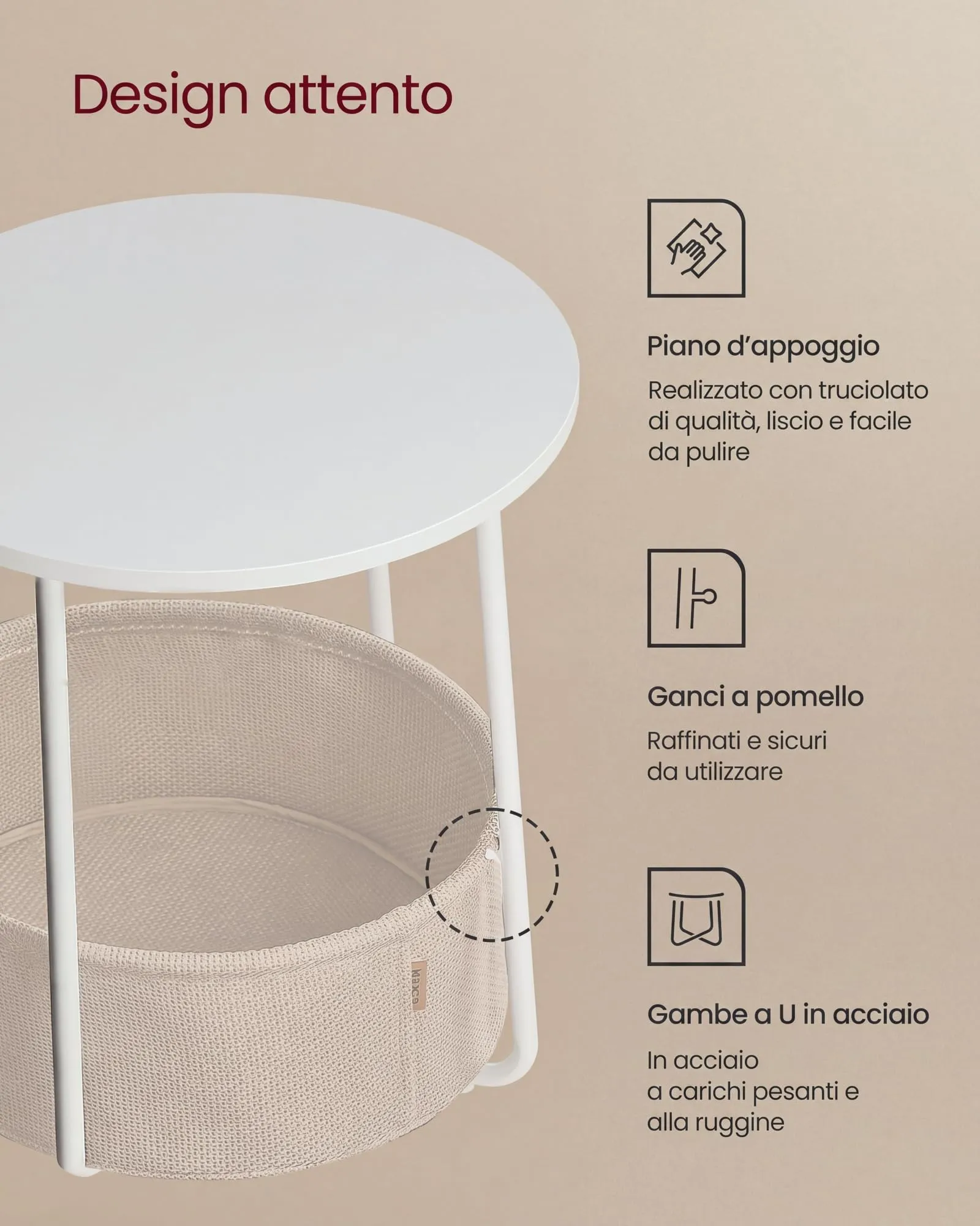 VASAGLE Lilea Tavolino Rotondo con Cestino in Tessuto, Bianco Opaco e Marrone Cammello, LET223W10 - immagine 6