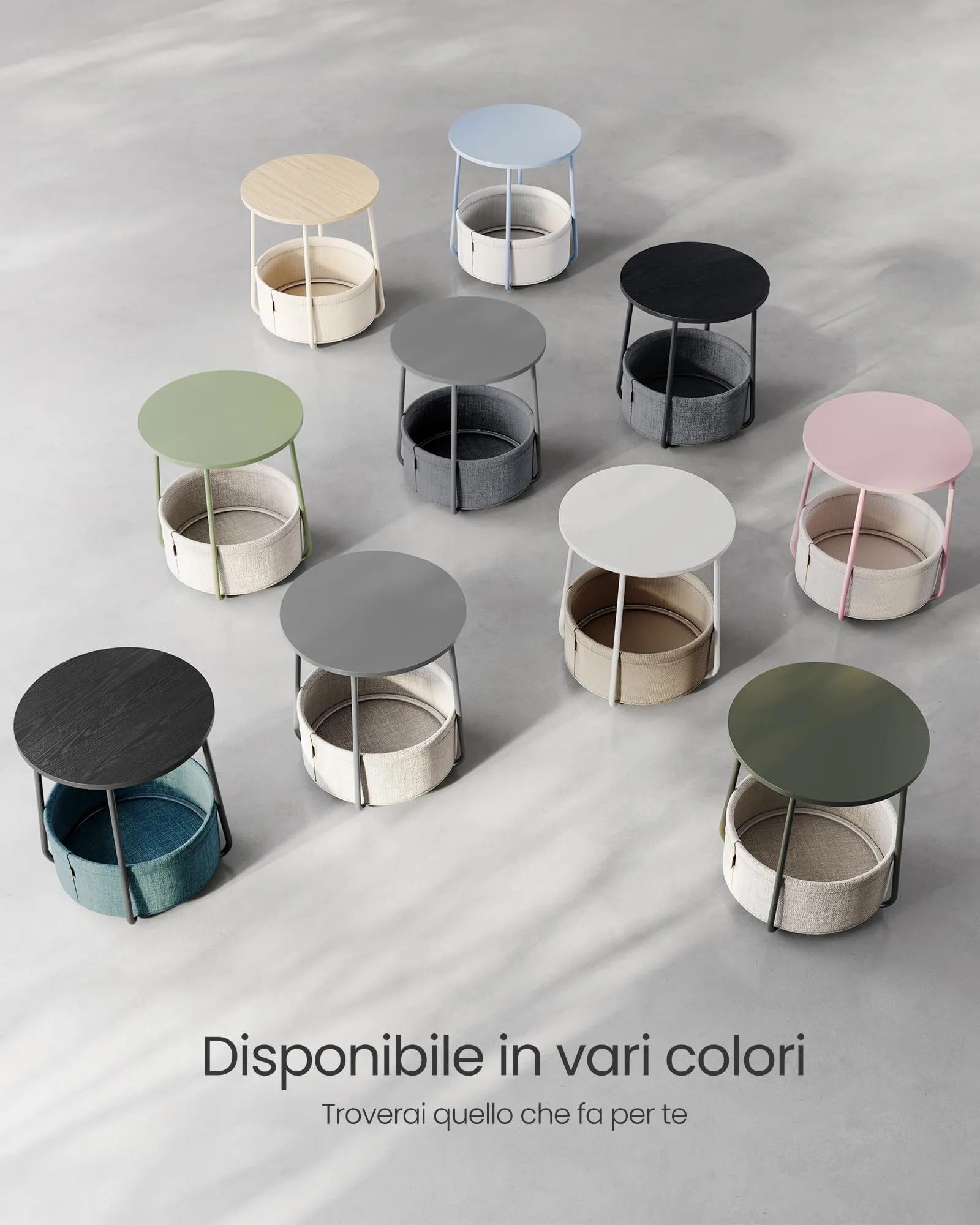 VASAGLE Lilea Tavolino Rotondo con Cestino in Tessuto, Bianco Opaco e Marrone Cammello, LET223W10 - immagine 8