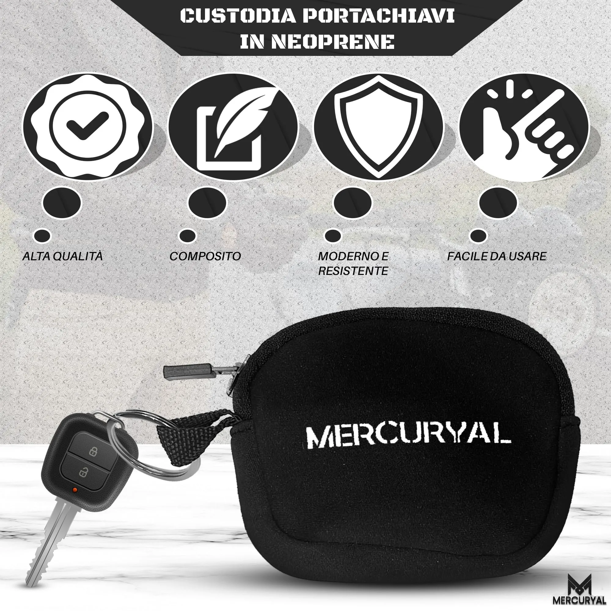 MERCURYAL Portachiavi Moto in Neoprene con Anello, Nero - immagine 2