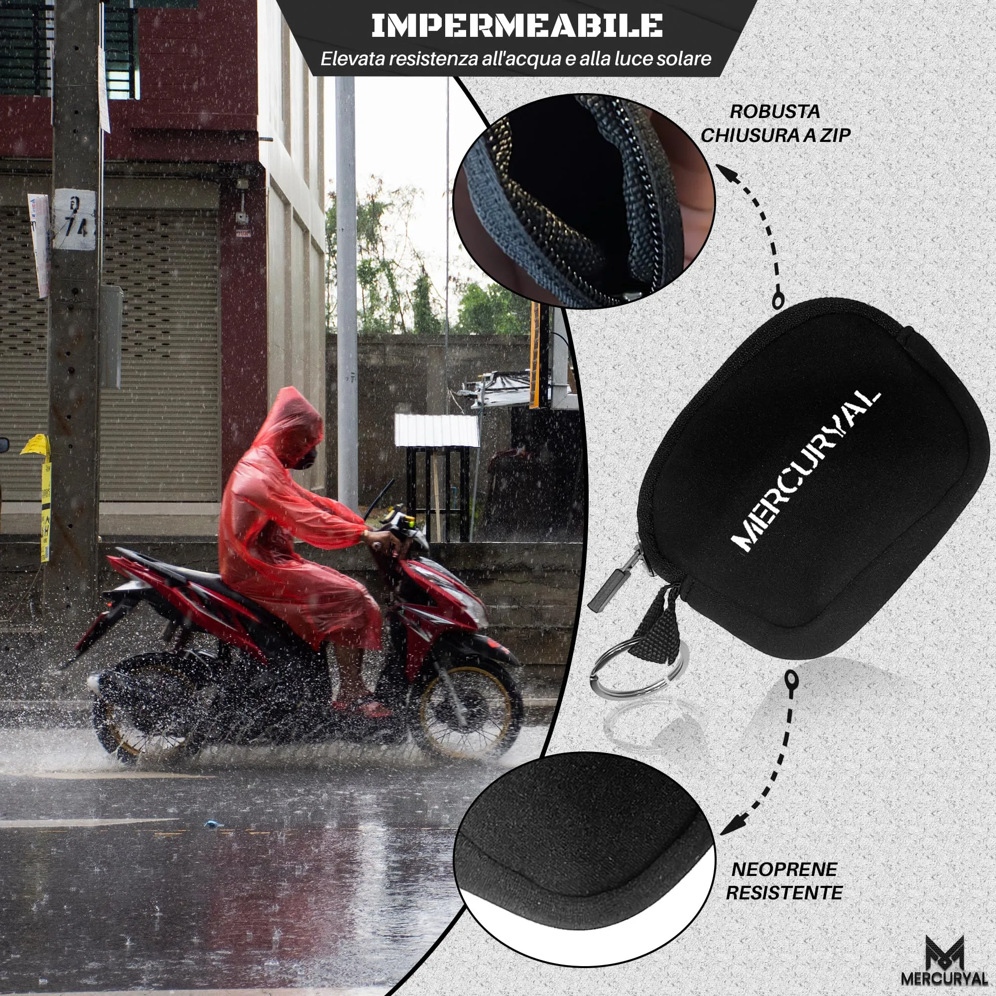 MERCURYAL Portachiavi Moto in Neoprene con Anello, Nero - immagine 5