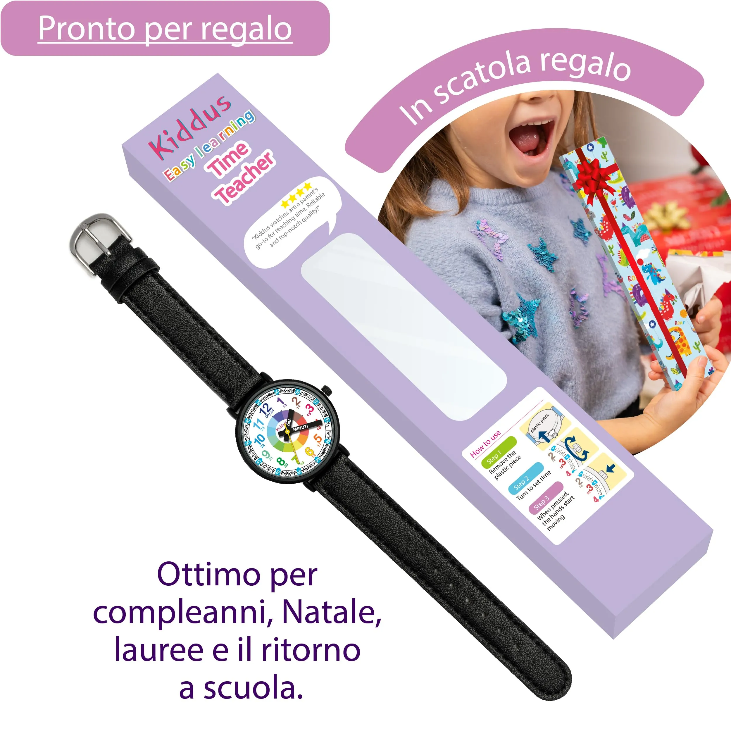Kiddus Orologio Educativo Analogico Didattico per Bambini 5-10 Anni, Movimento Giapponese - immagine 3