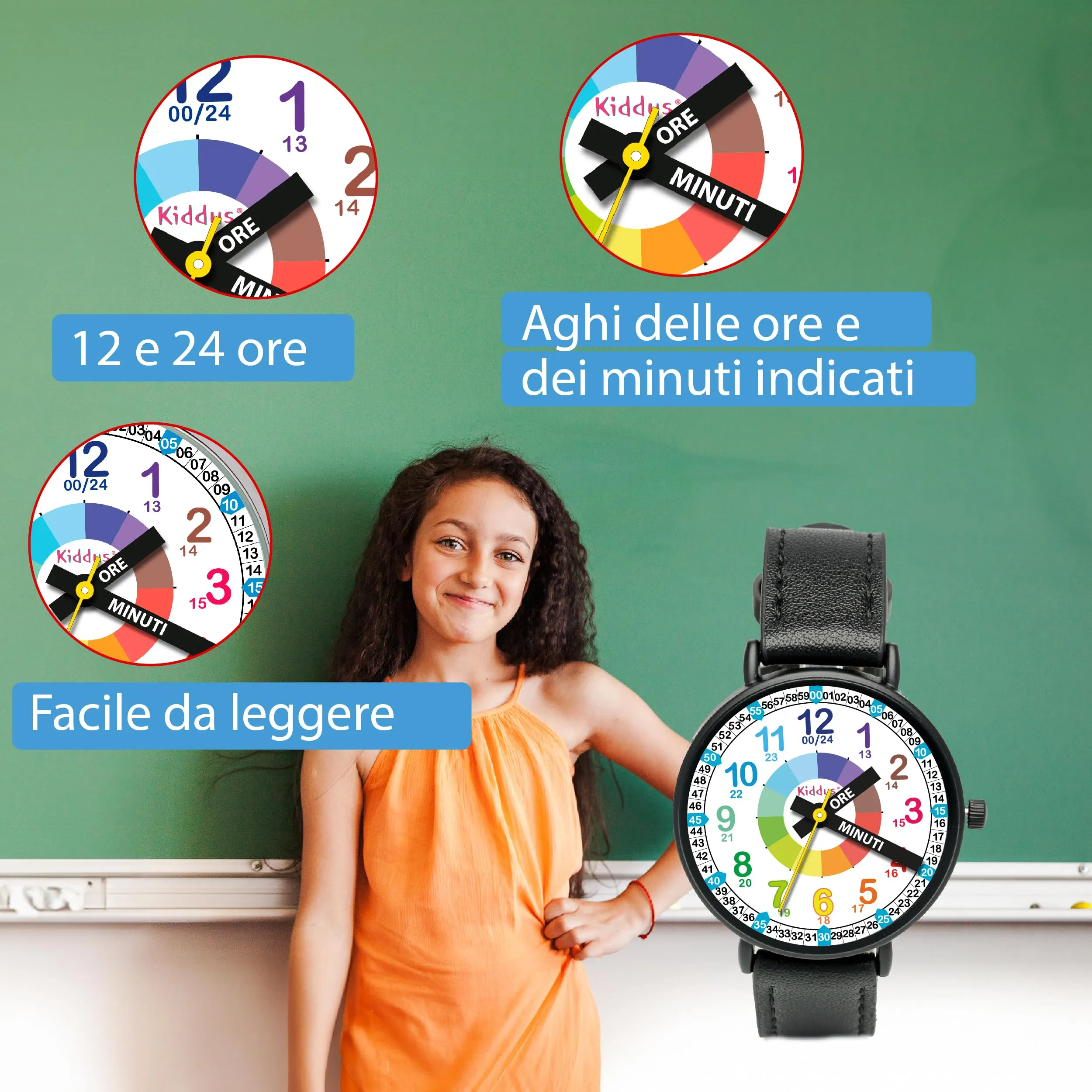 Kiddus Orologio Educativo Analogico Didattico per Bambini 5-10 Anni, Movimento Giapponese - immagine 4