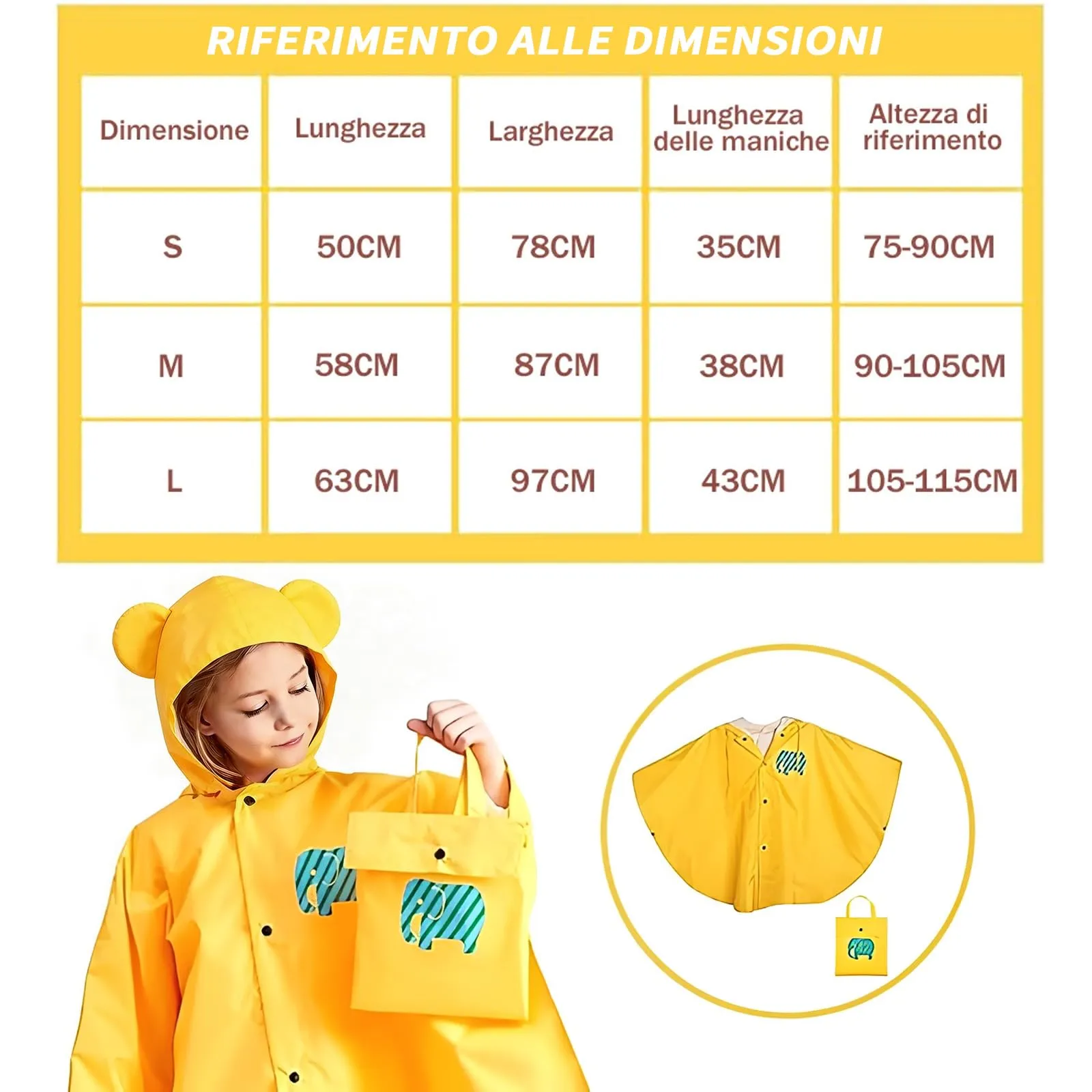 LATRAT Mantella Antipioggia per Bambini con Cappuccio, Giallo, S - immagine 3