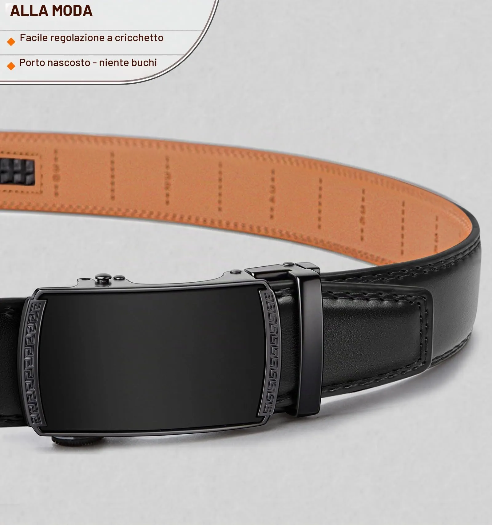 BULLIANT Cintura Uomo in Pelle con Fibbia Automatica a Cricchetto 35mm, Nero, 120cm - immagine 2