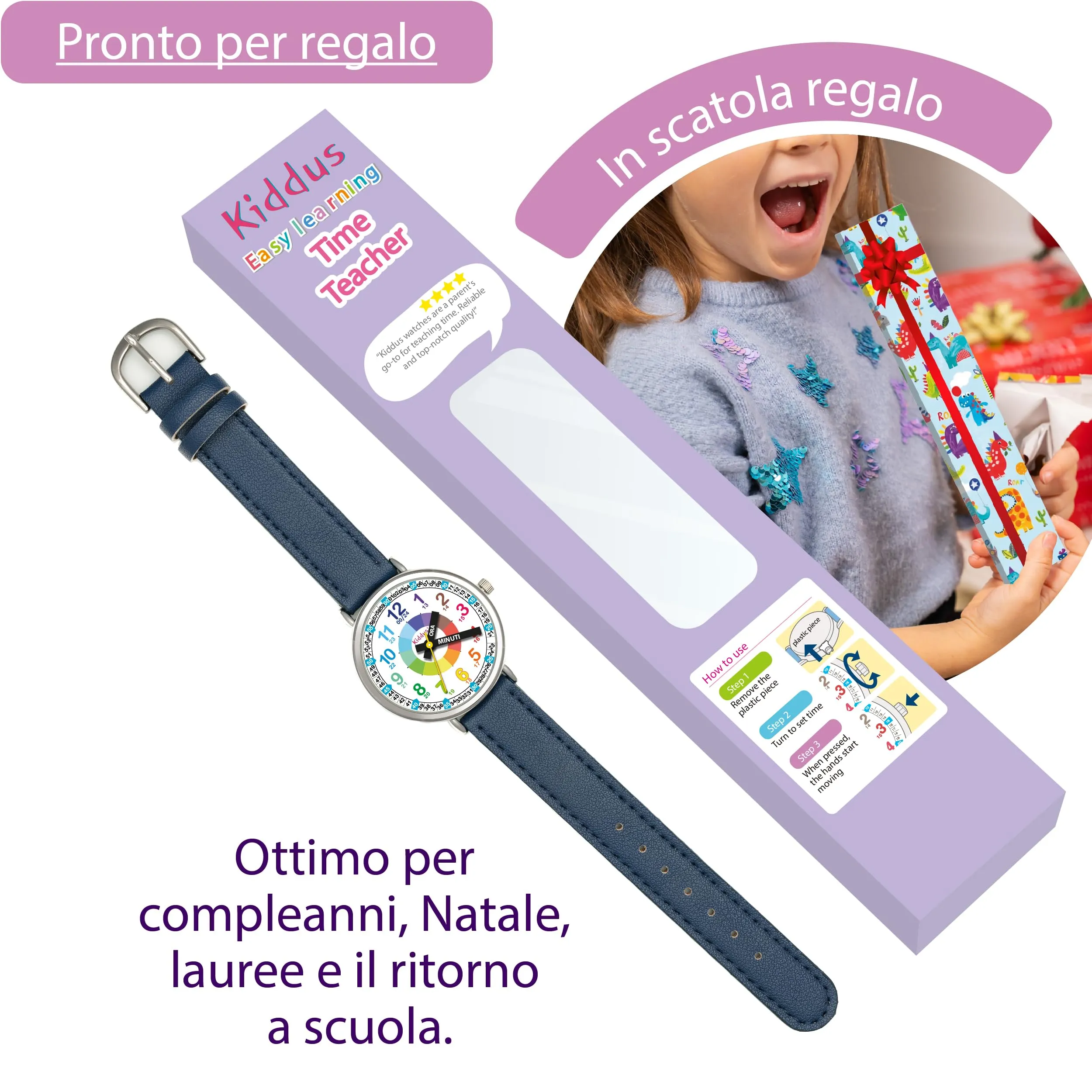 Kiddus Orologio Educativo Analogico per Bambini 5-10 Anni, Movimento Giapponese - immagine 3