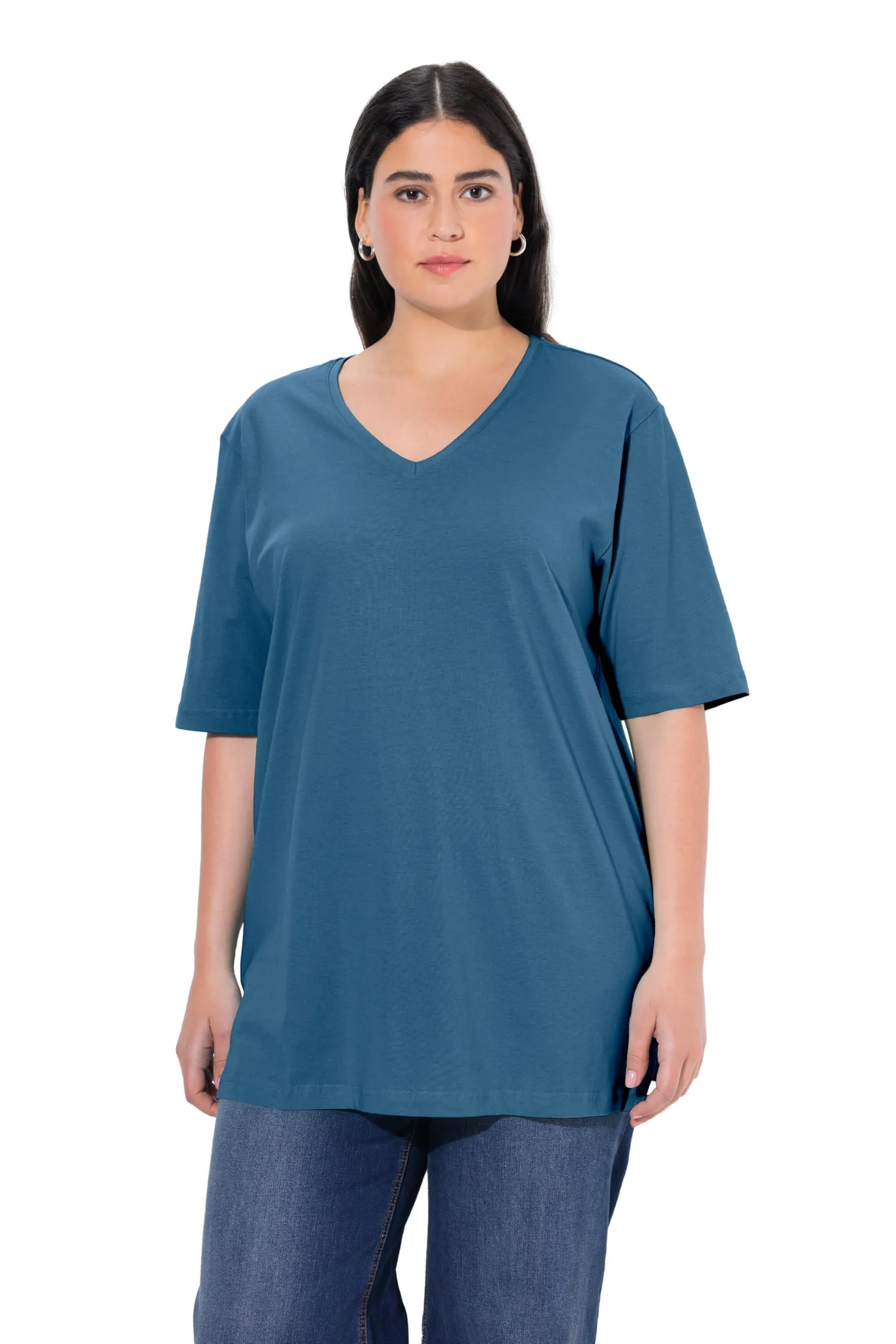 Ulla Popken T-Shirt V-Ausschnitt Relaxed Halbarm, Blu, 50-52 Donna - immagine 1