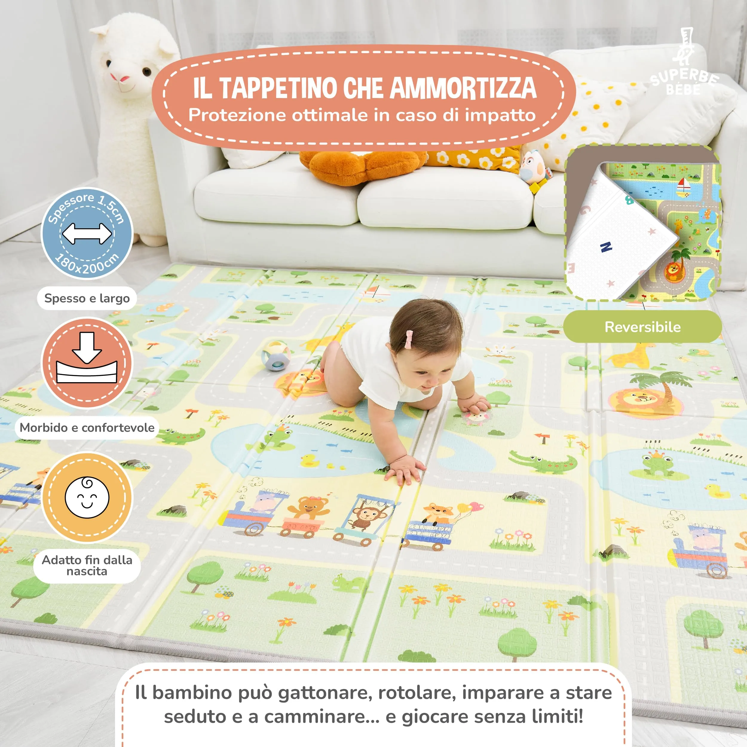 SUPERBE BEBE Tappeto Gioco Bambini Pieghevole Montessori 180x200x1.5cm, Reversibile, Impermeabile in Schiuma, Animalier - immagine 2