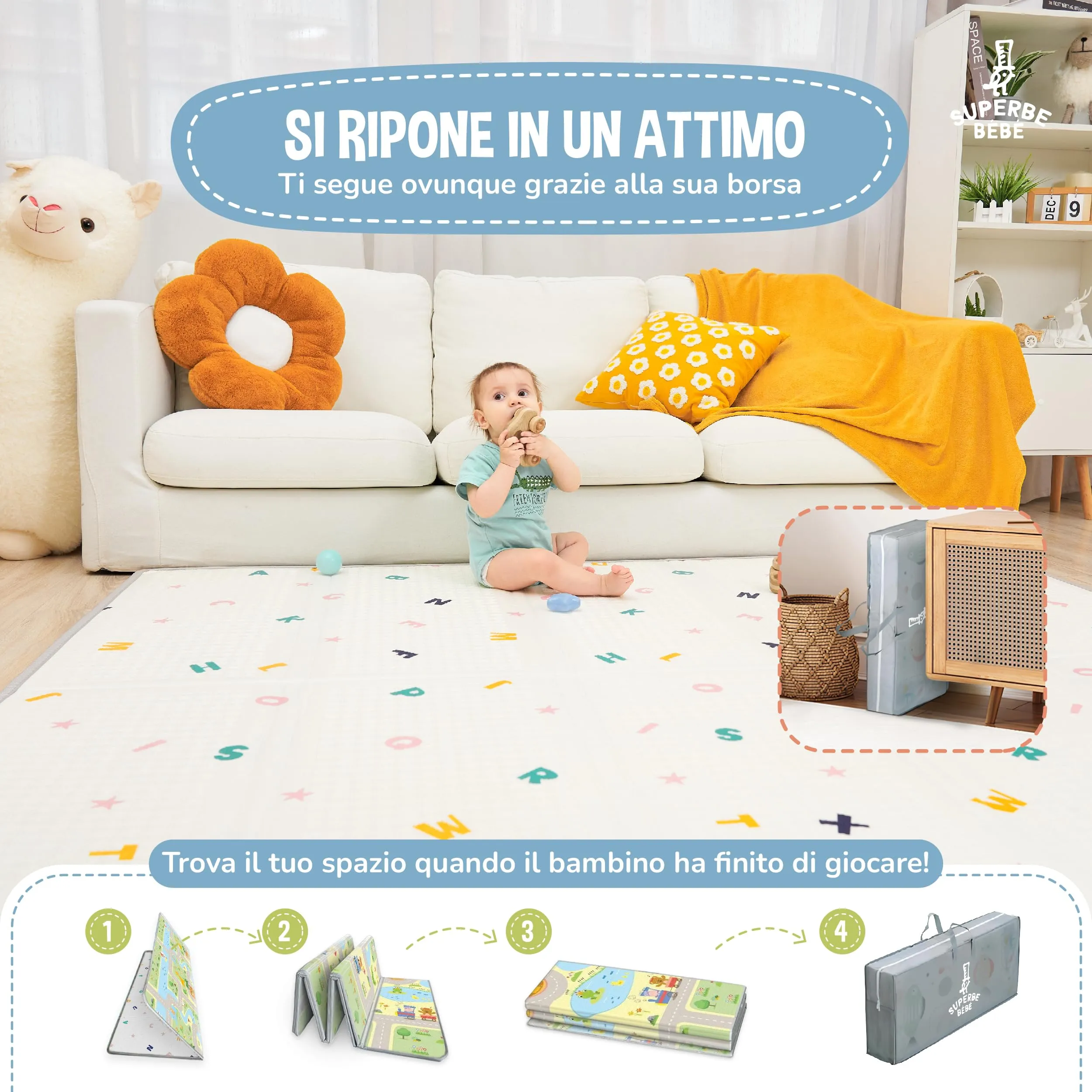 SUPERBE BEBE Tappeto Gioco Bambini Pieghevole Montessori 180x200x1.5cm, Reversibile, Impermeabile in Schiuma, Animalier - immagine 3