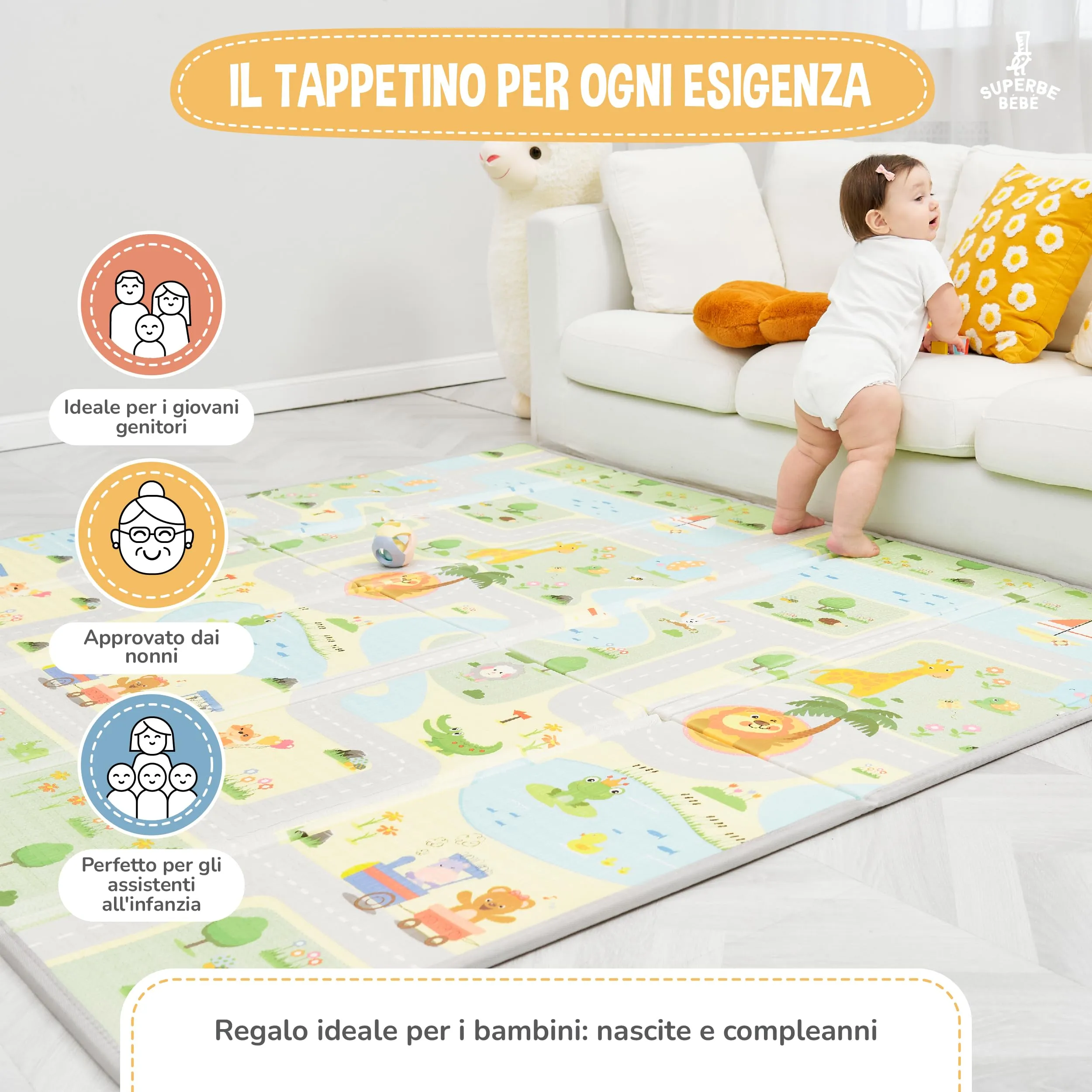 SUPERBE BEBE Tappeto Gioco Bambini Pieghevole Montessori 180x200x1.5cm, Reversibile, Impermeabile in Schiuma, Animalier - immagine 4