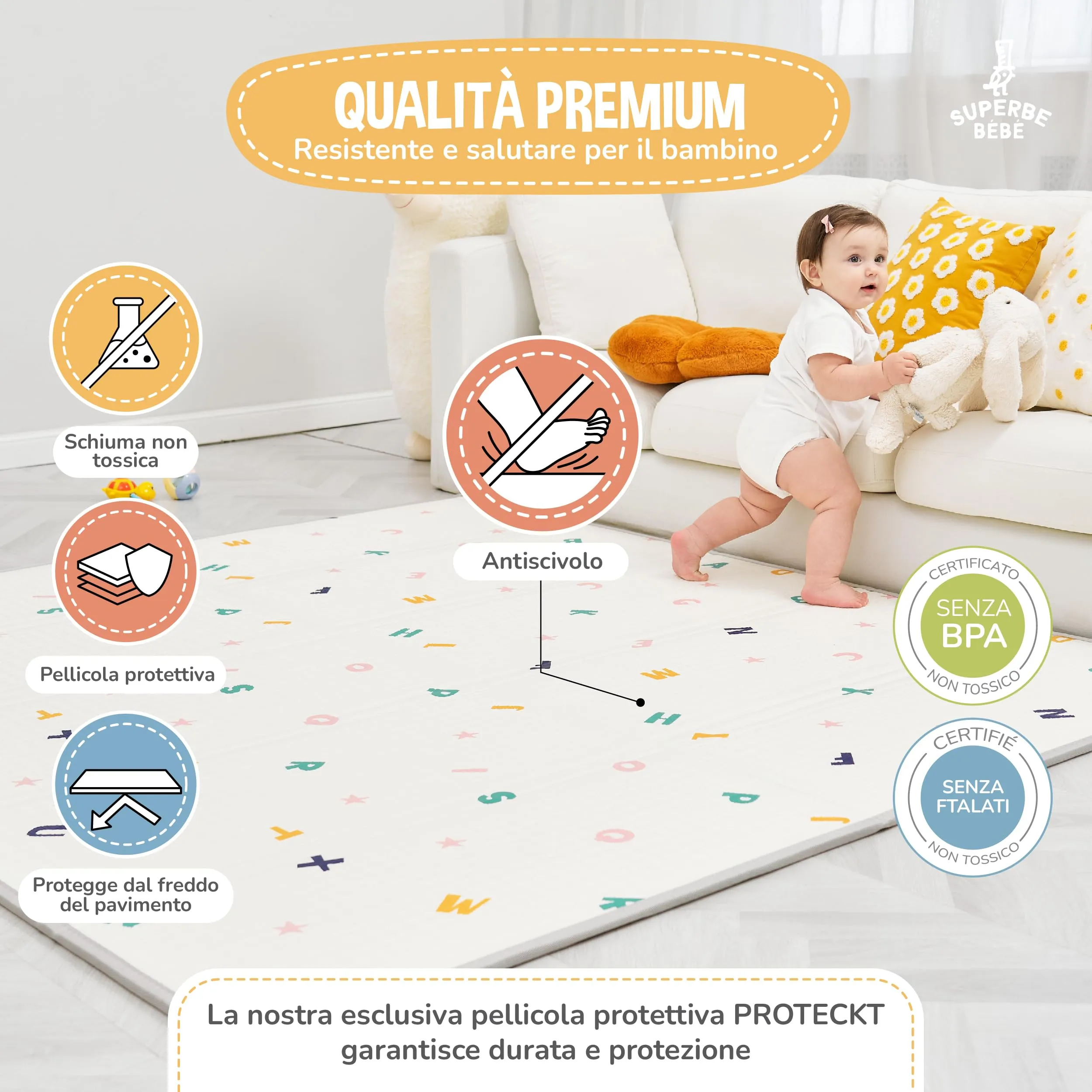 SUPERBE BEBE Tappeto Gioco Bambini Pieghevole Montessori 180x200x1.5cm, Reversibile, Impermeabile in Schiuma, Animalier - immagine 5