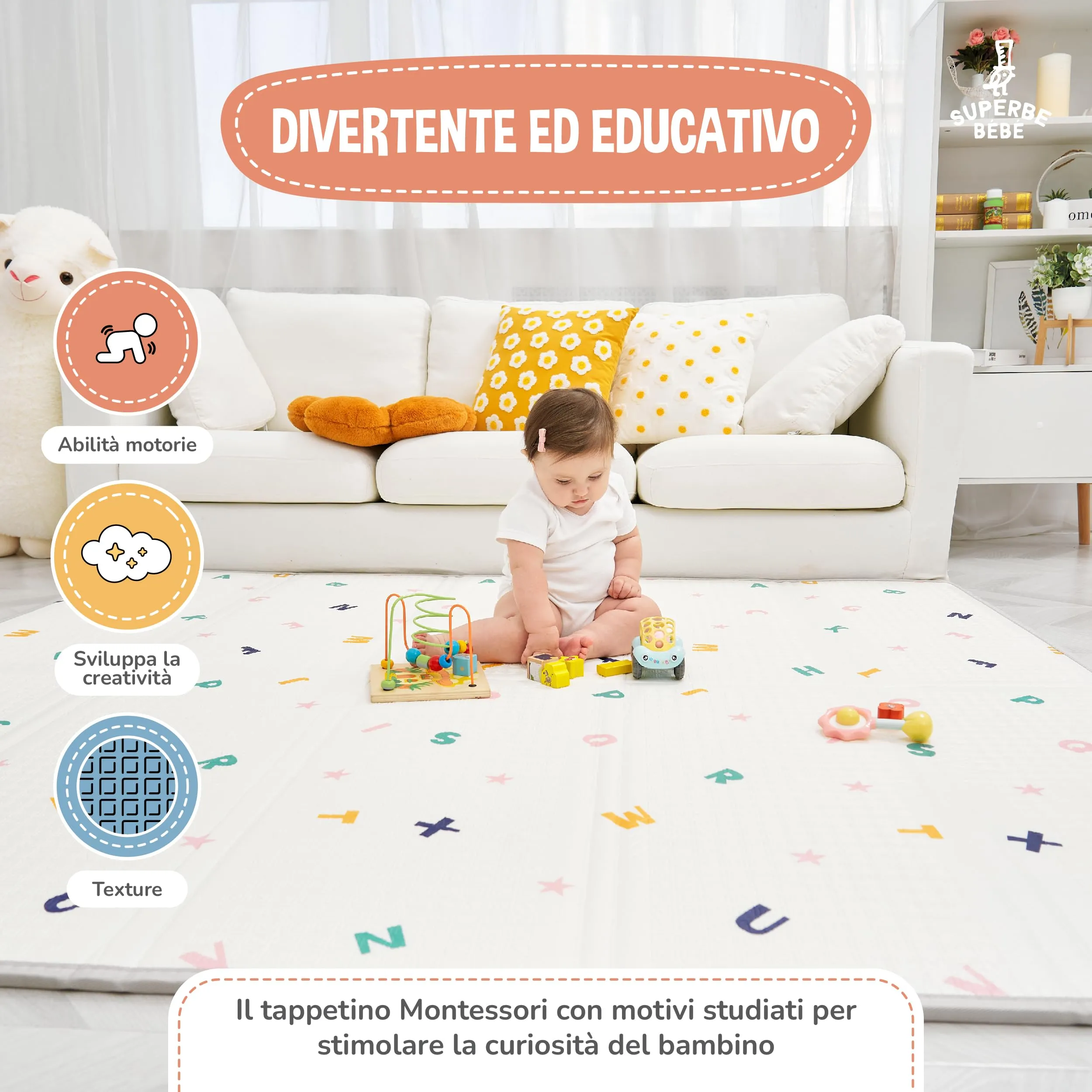 SUPERBE BEBE Tappeto Gioco Bambini Pieghevole Montessori 180x200x1.5cm, Reversibile, Impermeabile in Schiuma, Animalier - immagine 6
