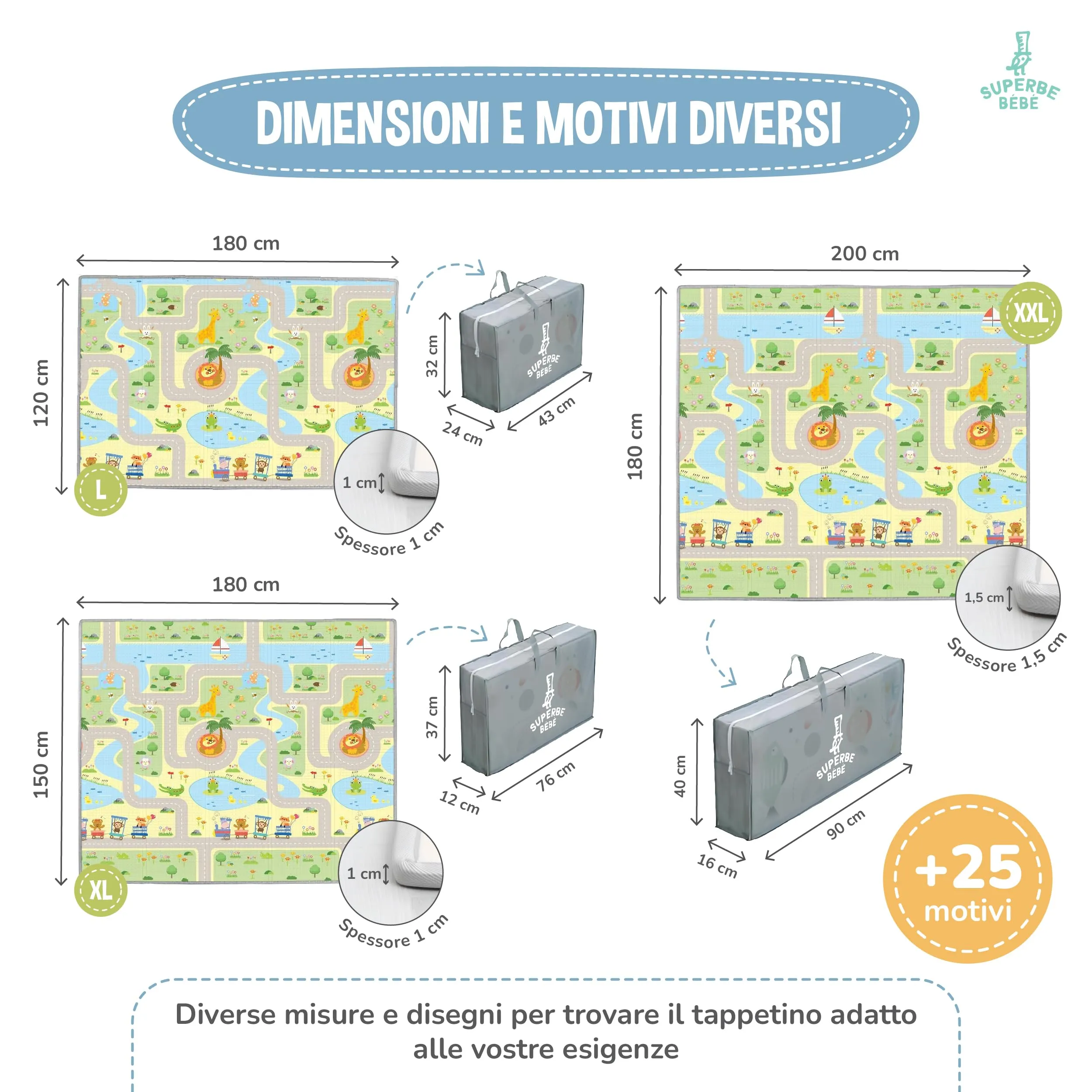 SUPERBE BEBE Tappeto Gioco Bambini Pieghevole Montessori 180x200x1.5cm, Reversibile, Impermeabile in Schiuma, Animalier - immagine 7