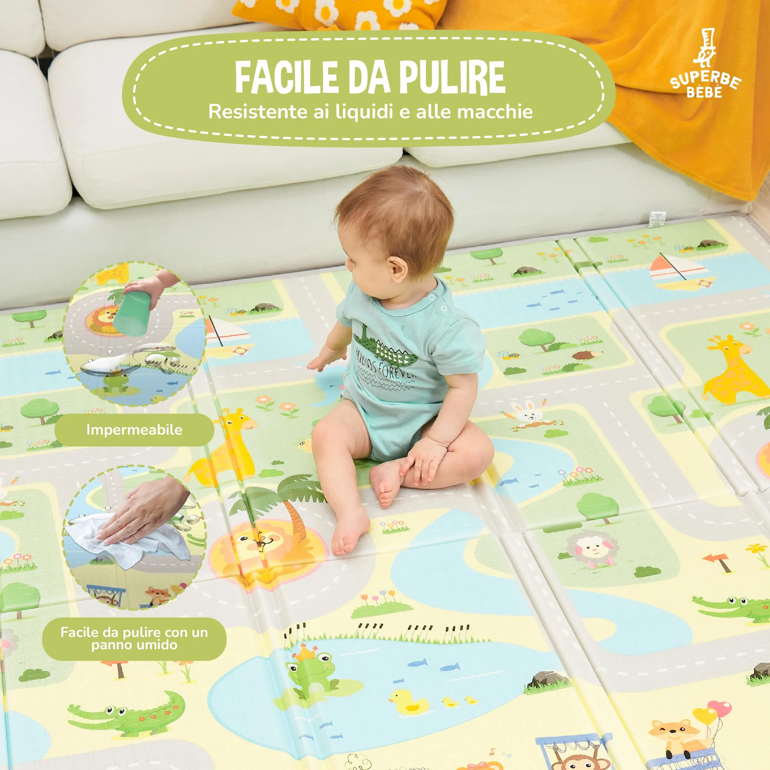 SUPERBE BEBE Tappeto Gioco Bambini Pieghevole Montessori 180x200x1.5cm, Reversibile, Impermeabile in Schiuma, Animalier - immagine 8