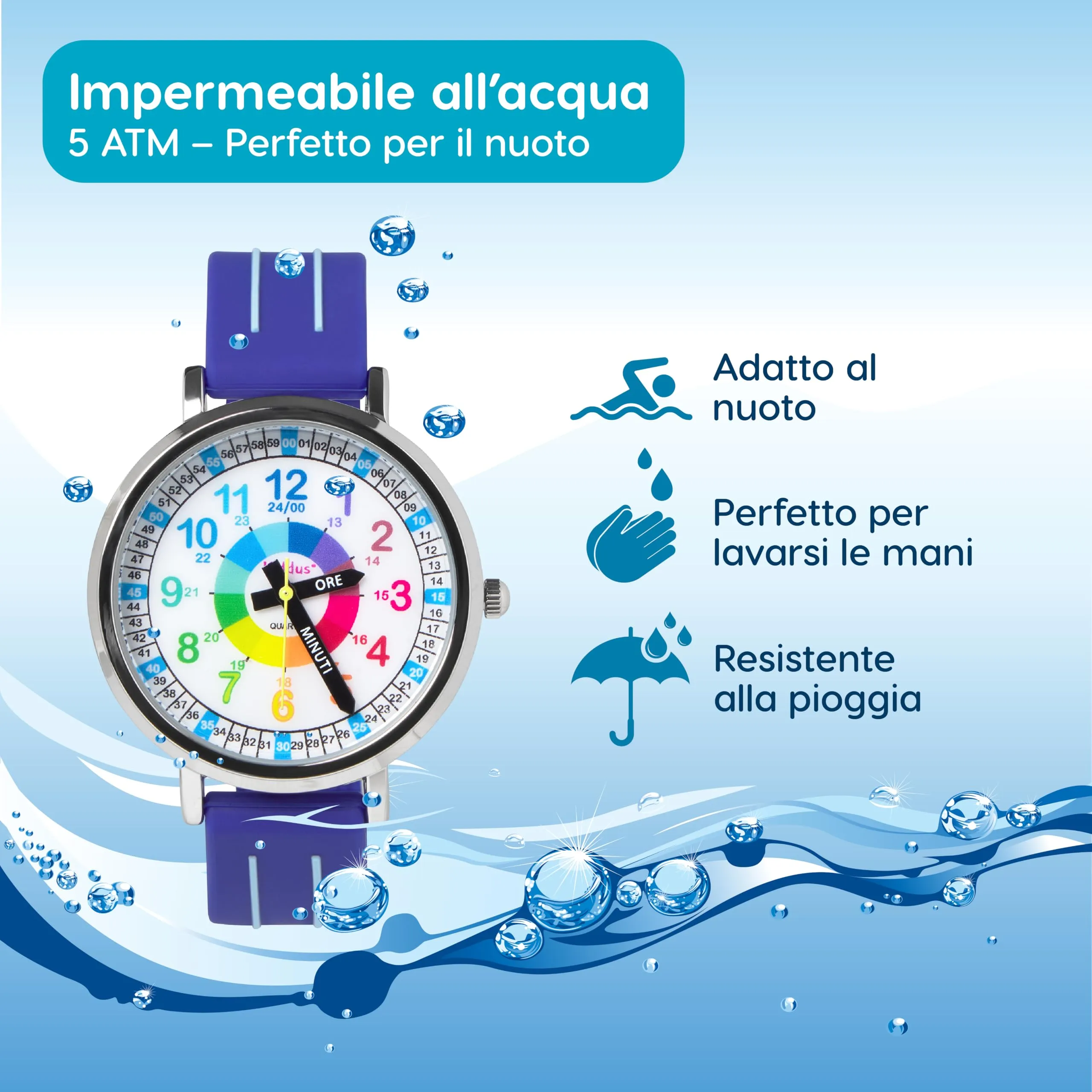 Kiddus Orologio Educativo Analogico per Bambini 5-10 Anni, Impermeabile 5ATM, Movimento Giapponese - immagine 2