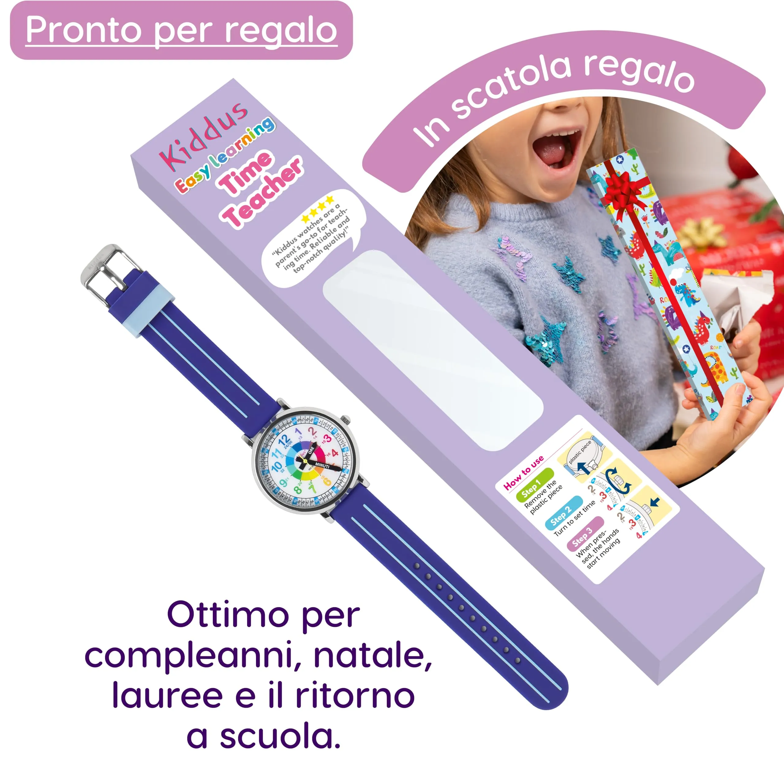 Kiddus Orologio Educativo Analogico per Bambini 5-10 Anni, Impermeabile 5ATM, Movimento Giapponese - immagine 5