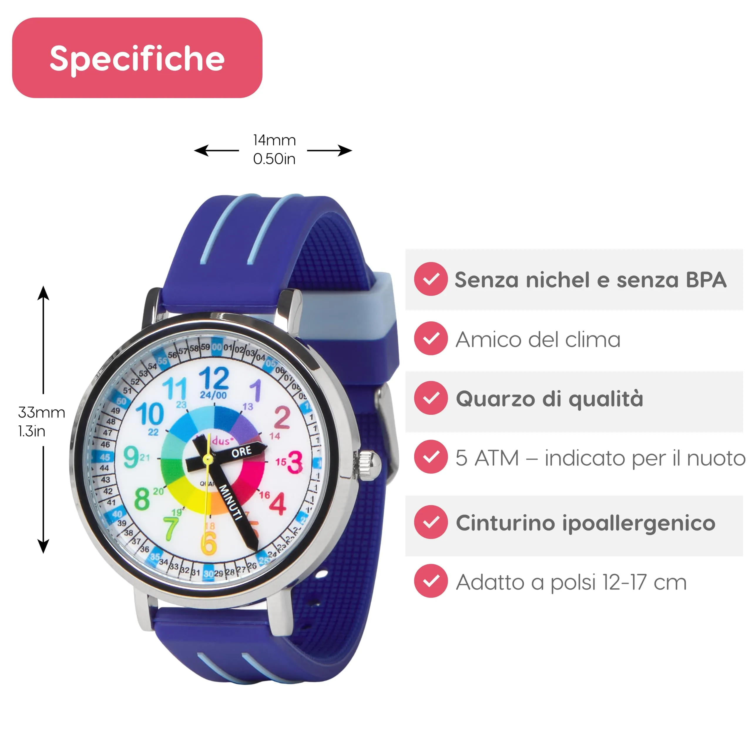 Kiddus Orologio Educativo Analogico per Bambini 5-10 Anni, Impermeabile 5ATM, Movimento Giapponese - immagine 6