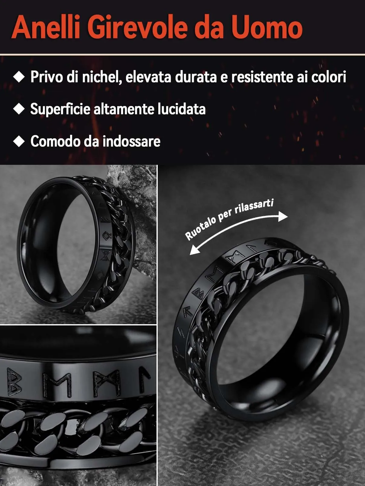 FaithHeart Anello in Acciaio Inox con Rune Vichinghe e Catena, Taglia 70 - immagine 2