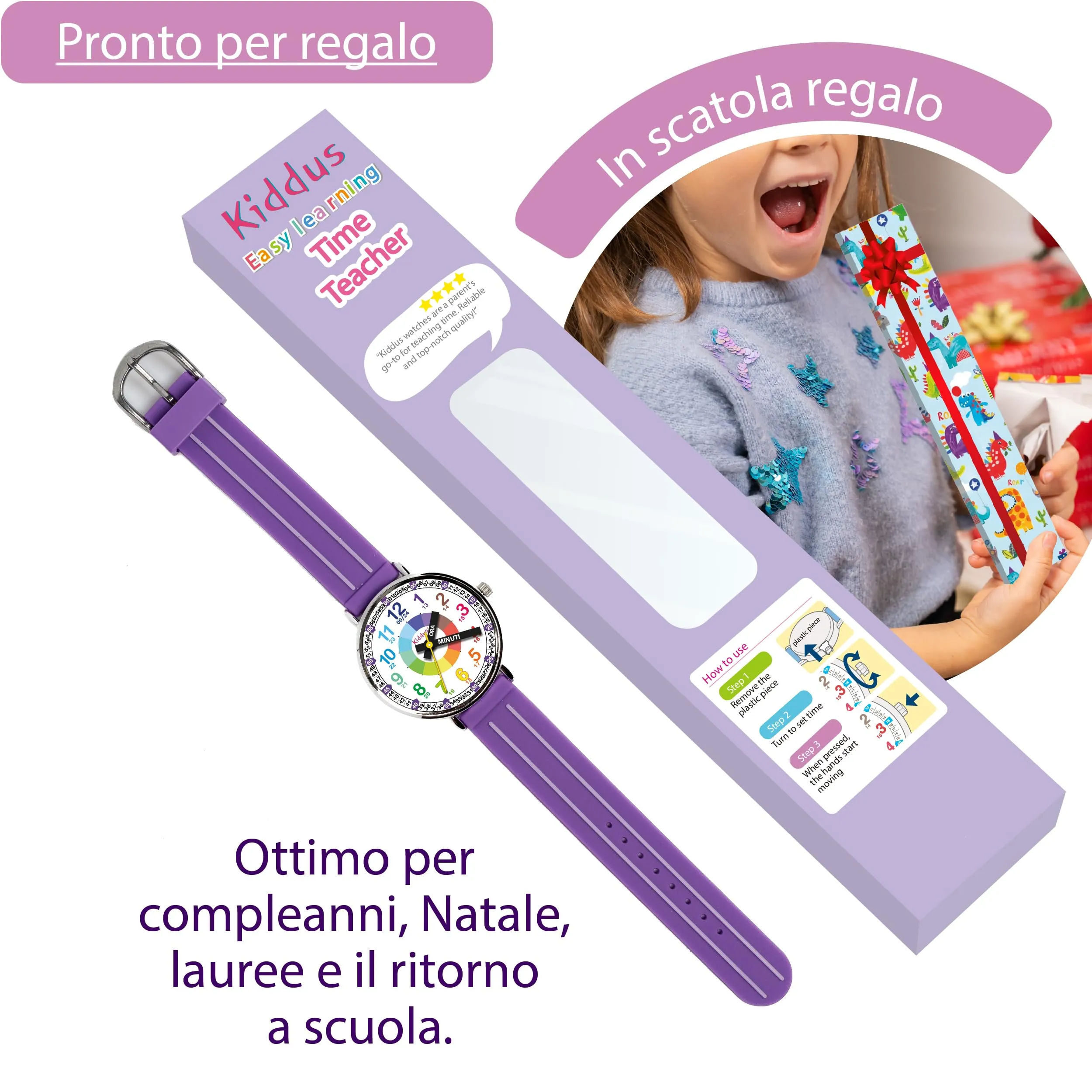 Kiddus Orologio Educativo Analogico per Bambini 5-10 Anni, Movimento Giapponese, WA376 - immagine 3