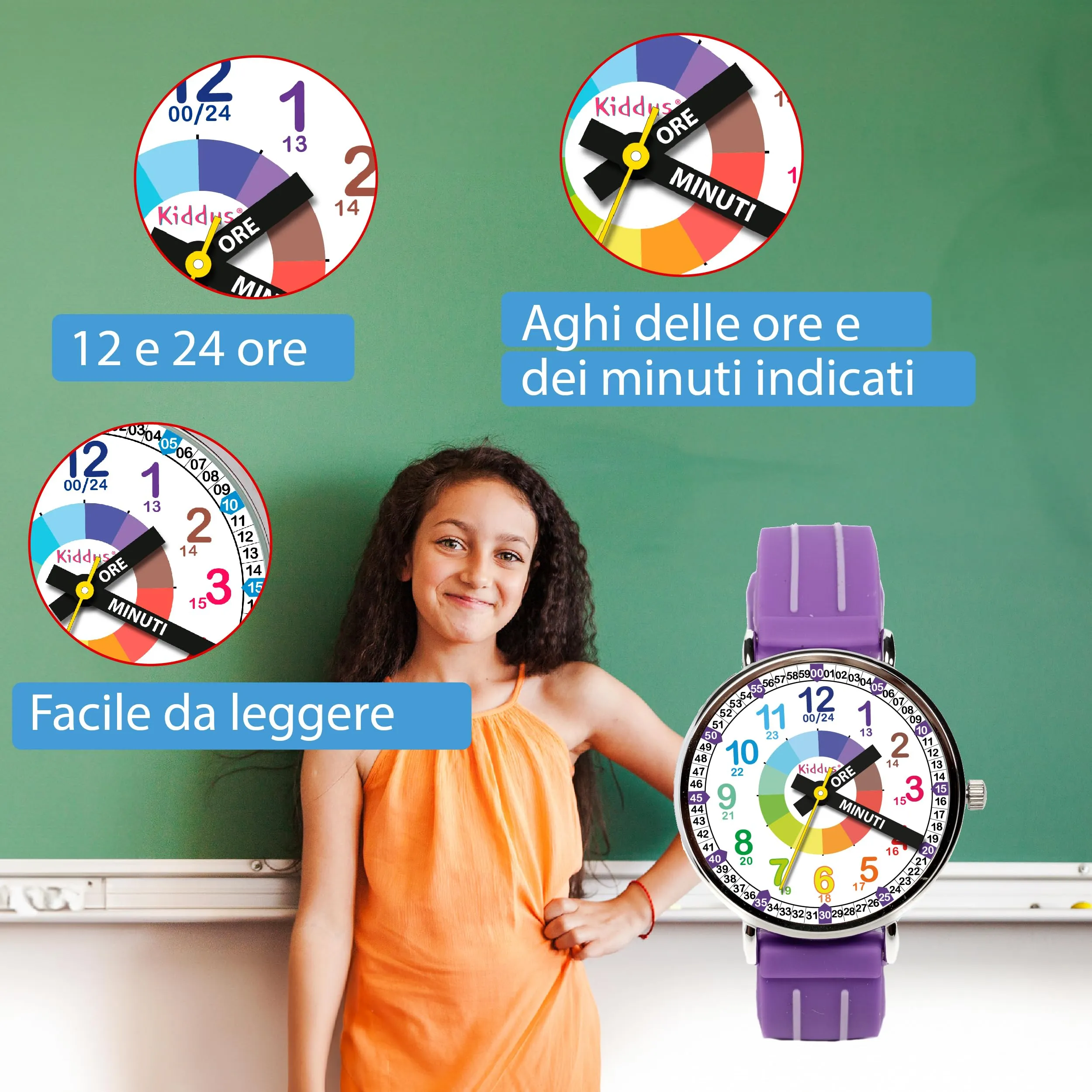 Kiddus Orologio Educativo Analogico per Bambini 5-10 Anni, Movimento Giapponese, WA376 - immagine 4