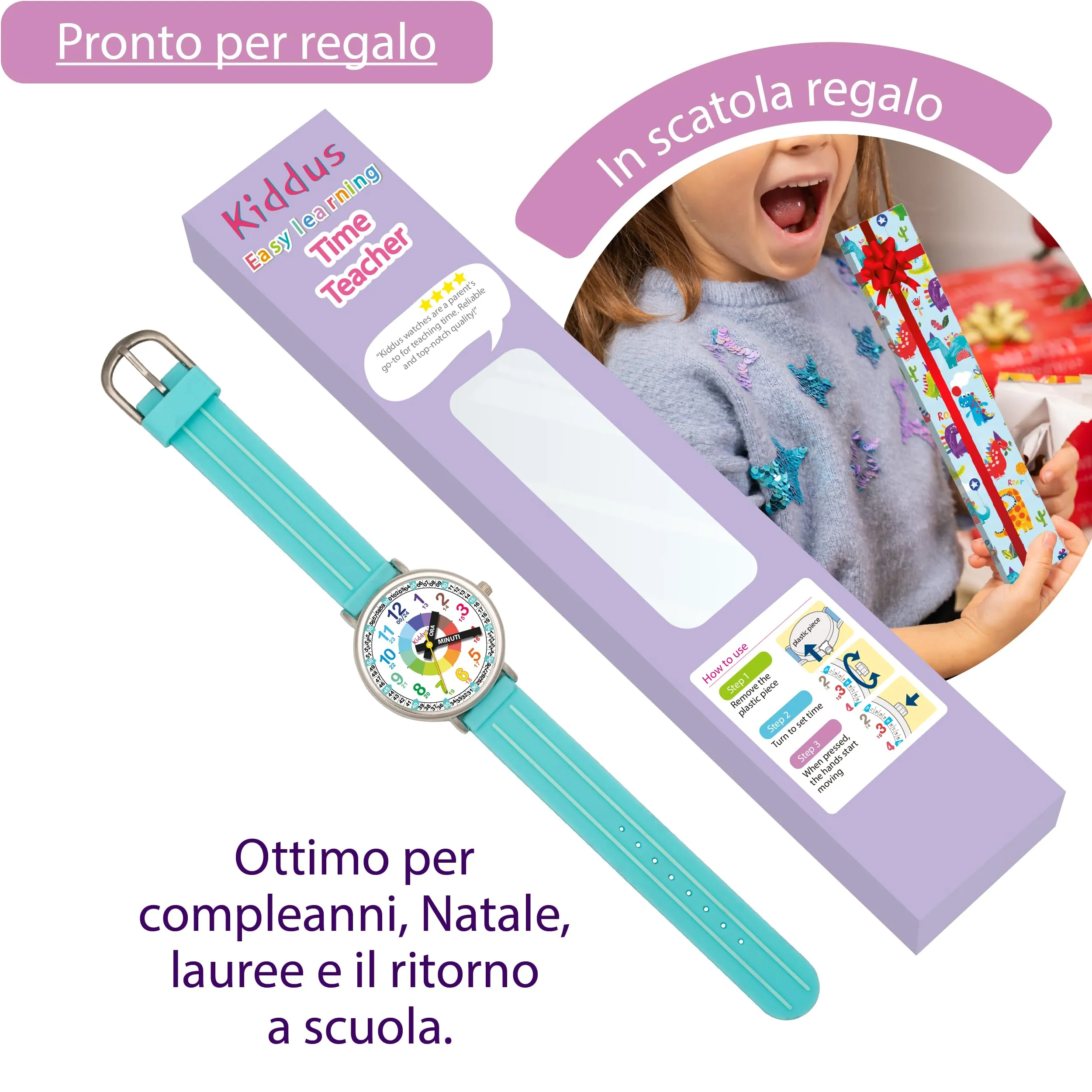 Kiddus Orologio Educativo Analogico per Bambini 5-10 Anni, Movimento Giapponese, WA378 - immagine 3