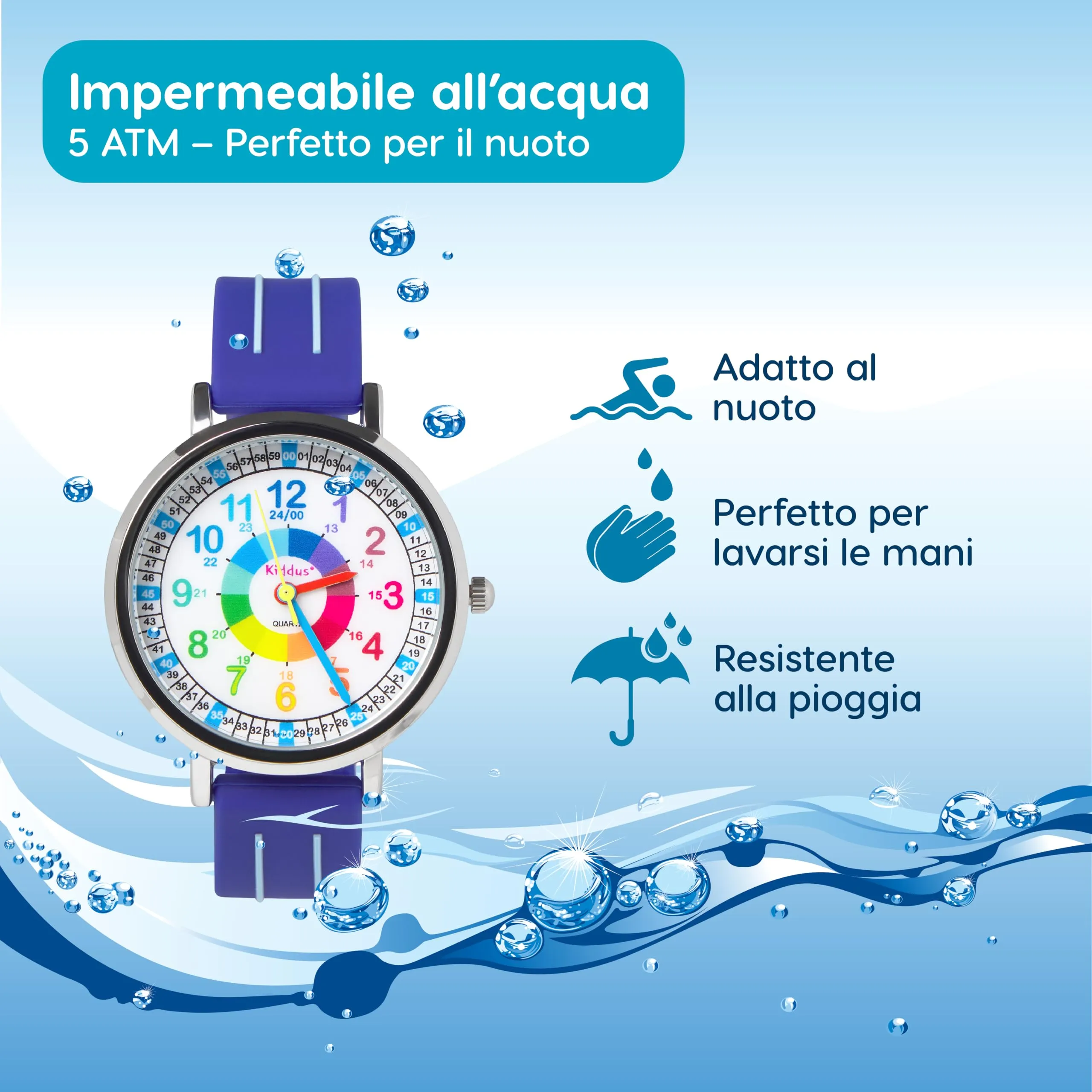 Kiddus Orologio Educativo Analogico per Bambini 5-10 Anni, 3ATM e 5ATM, Blu - immagine 3